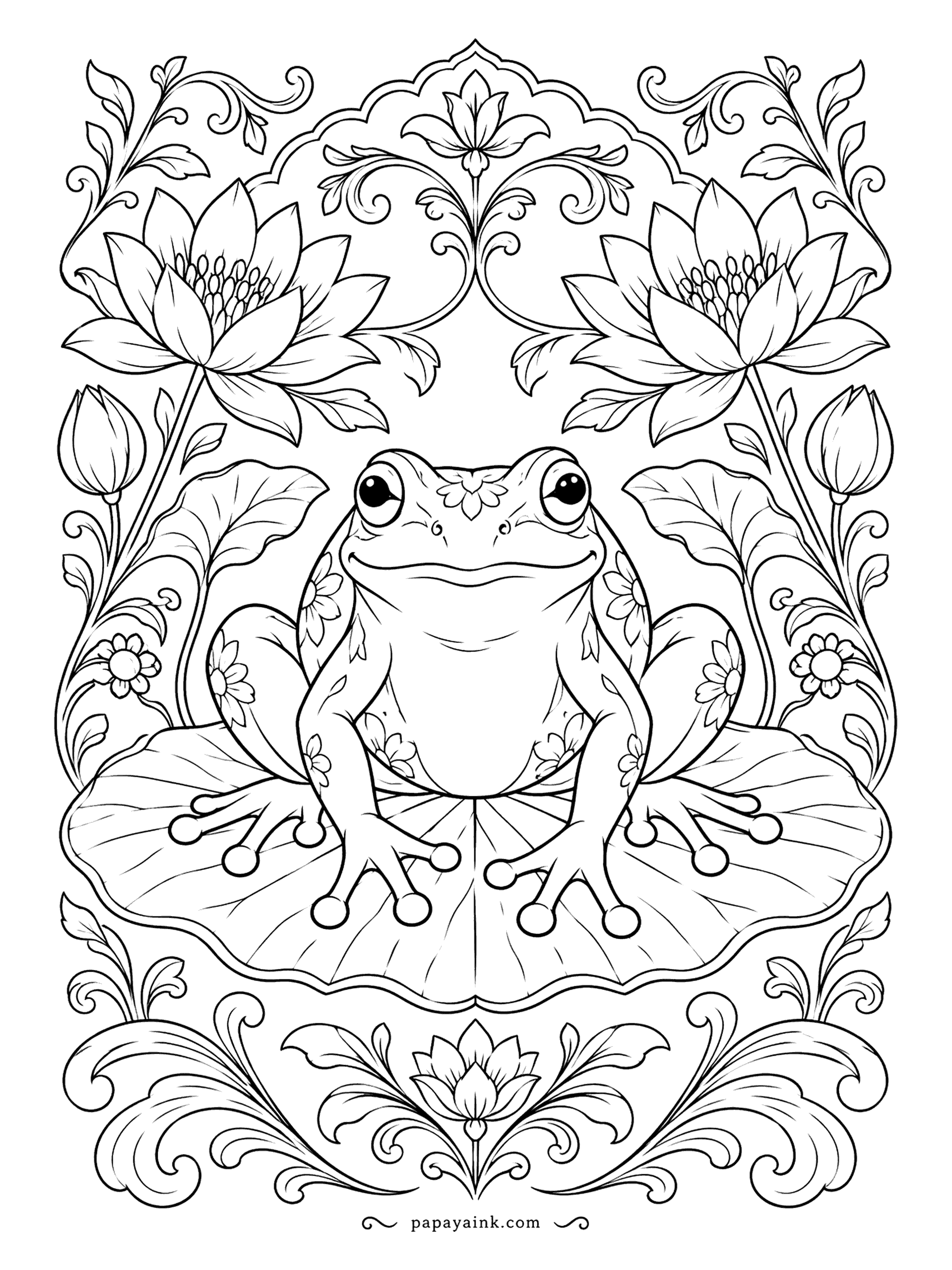 Frog Coloring Pages - Ornamental frog framed in lotus blooms and curling scrollwork, with small flowers printed across its back. Try a blue-and-white Delft palette for the ornament and warm green only on the frog. Detailed.