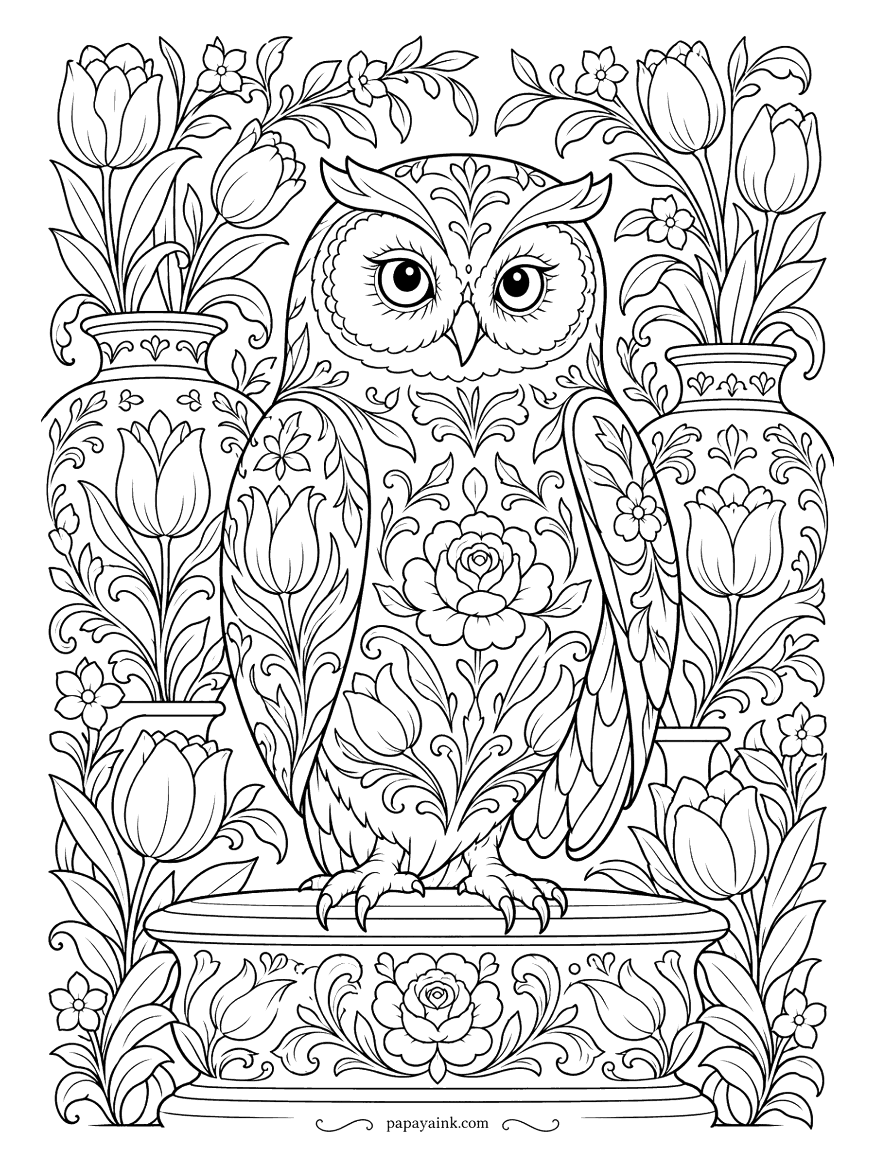 Owl Coloring Pages - Roses and tulips make up this owl, standing on a carved pedestal between two patterned vases. Nothing here is plain: the feathers are flowers and the flowers have feathers. Detailed - one for a long evening.