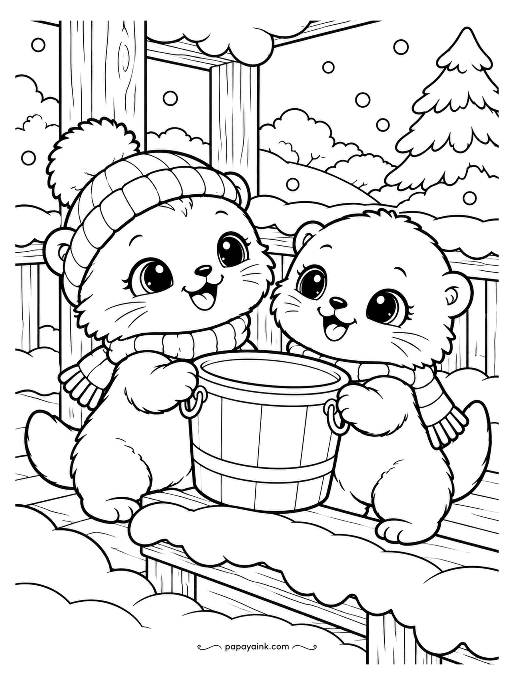 Kawaii Winter Coloring Pages - Otters carry a bucket between them along the snowy railing. Whatever is in it needs both of them and is still worth joking about. Wood grain on the bucket in light brown; the otters go tan.