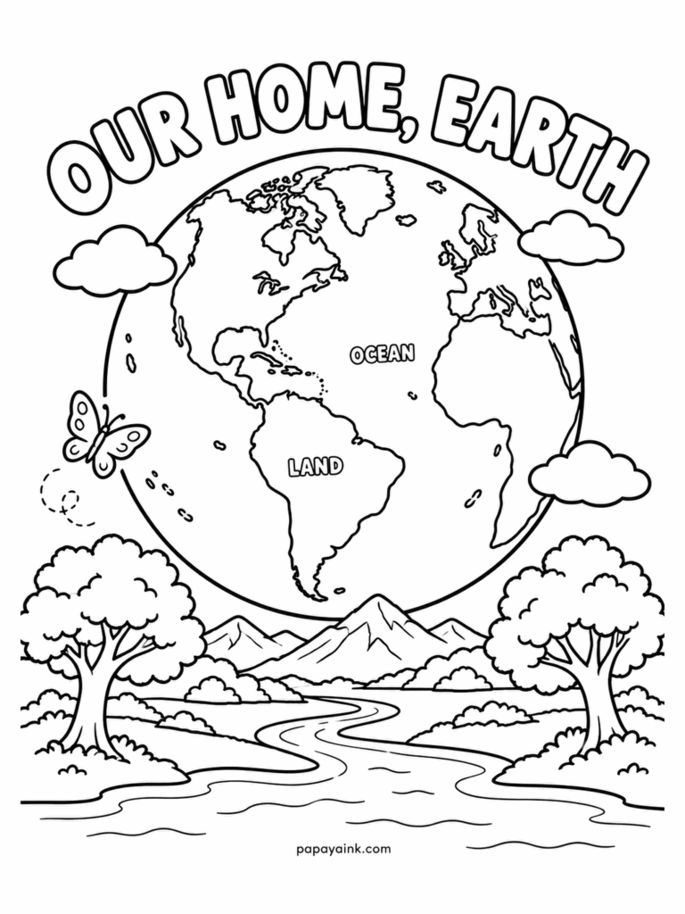 Earth Coloring Pages - Seen from space the planet is mostly water, and the two labels here say exactly that: ocean covers about seven tenths of the surface, land the rest. Below the globe a river runs between oaks toward the hills. Start with one wide wash of blue.