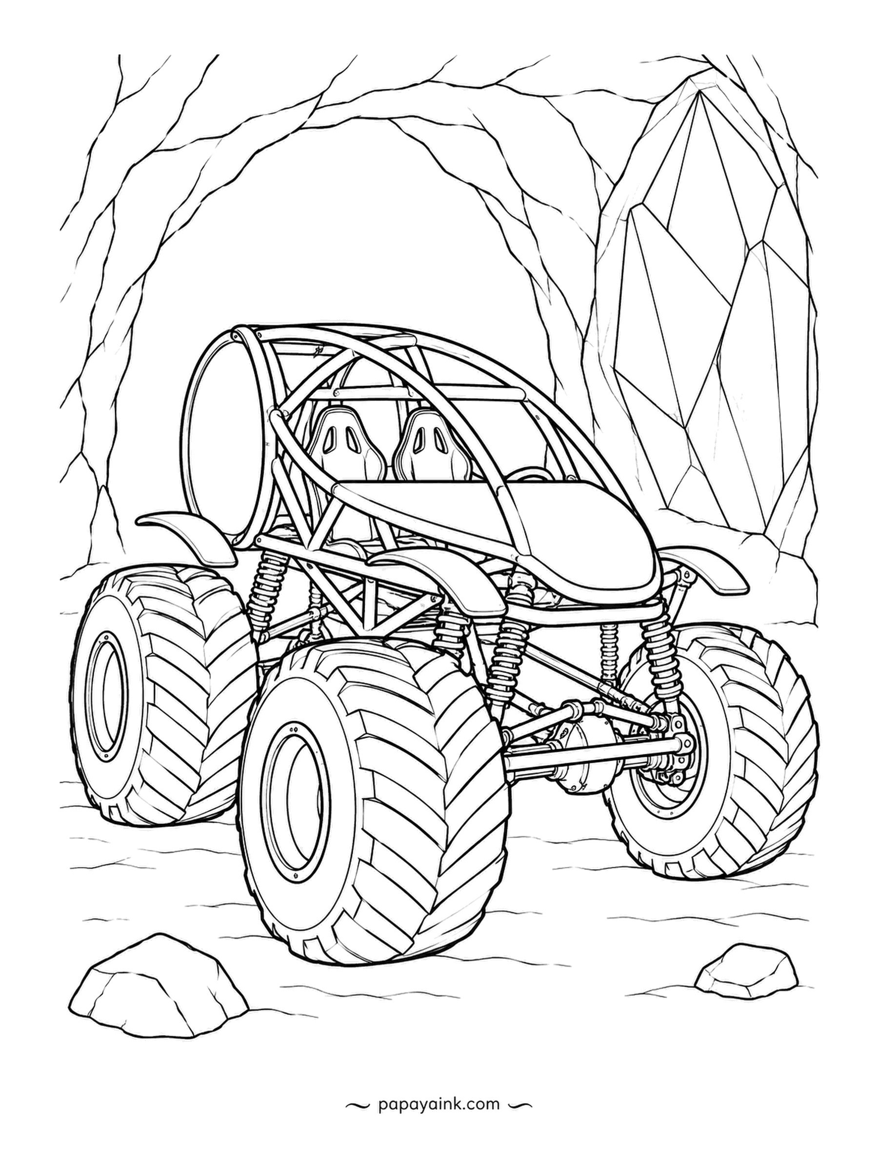 Monster Truck Coloring Pages - Open-cage racer parked in a cave mouth, two bucket seats and no doors, with a tall crystal growing out of the rock beside it. A quiet one: rounded cave walls and a lot of white space. Good for a first attempt at shading stone.