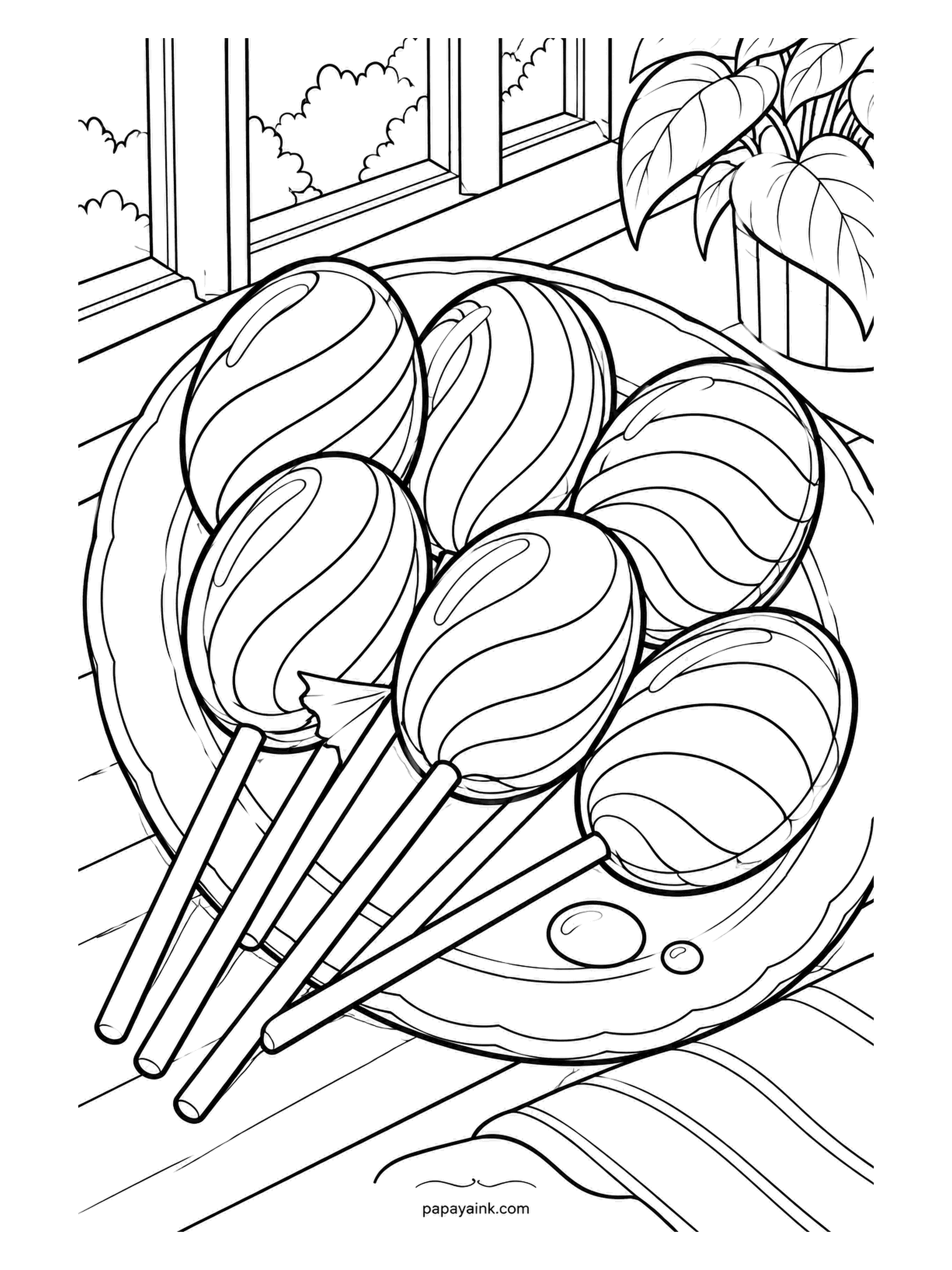 Candy Coloring Pages - Oval lollipops fanned across a round plate in the sunroom, sticks pointing one way, stripes running the other. Two drops have escaped to the rim. They wind around each candy, so follow them with the pencil rather than filling flat.