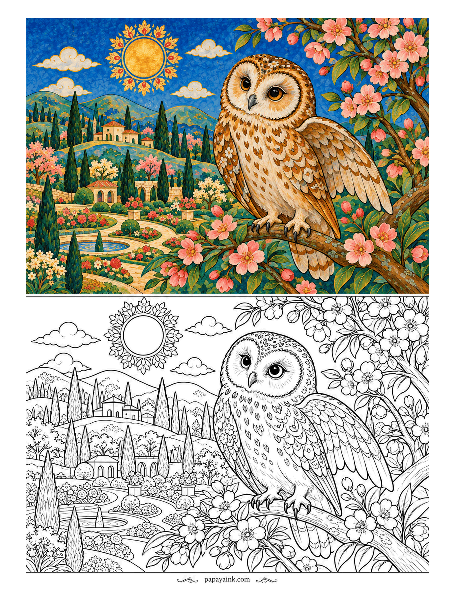 Owl Coloring Pages - From her blossoming branch a tawny owl surveys the whole estate - pool, pathways, clipped trees - the way a landlord surveys property. Barred feathers, speckled chest. Detailed - leave the breast lighter than the wings so the face stays the focus.