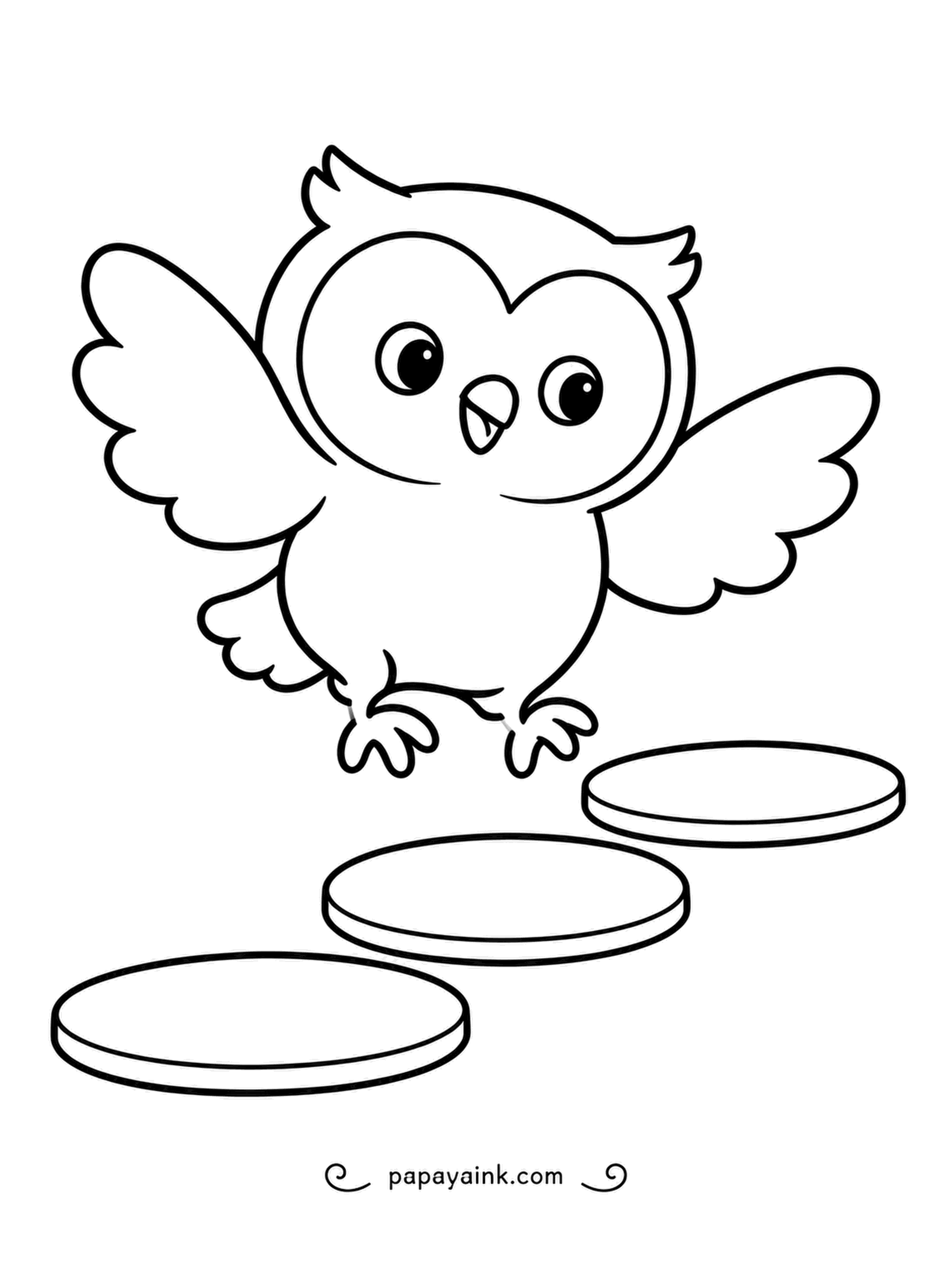 Owl Coloring Pages - Hop, land, hop: the owlet bounces over three round stepping pads, wings flung wide for balance and beak open in delight. Very simple outlines - bright colors for each circle.
