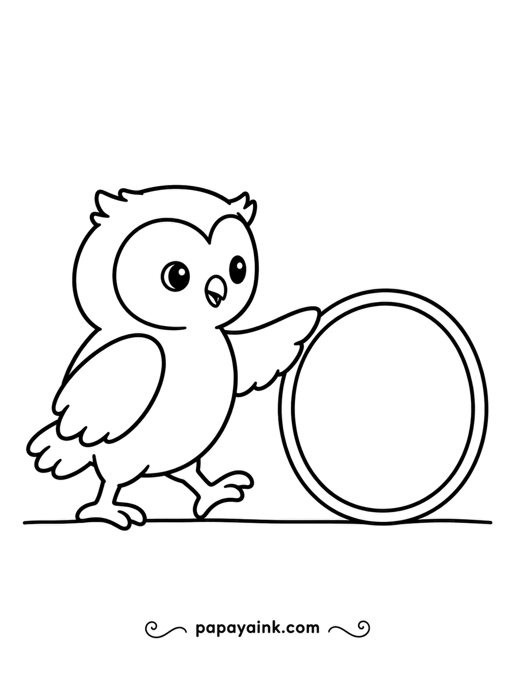 Owl Coloring Pages - A big round hoop, a straight line to follow, and an owlet giving it a gentle push. Very simple outlines - ideal for first coloring sessions.