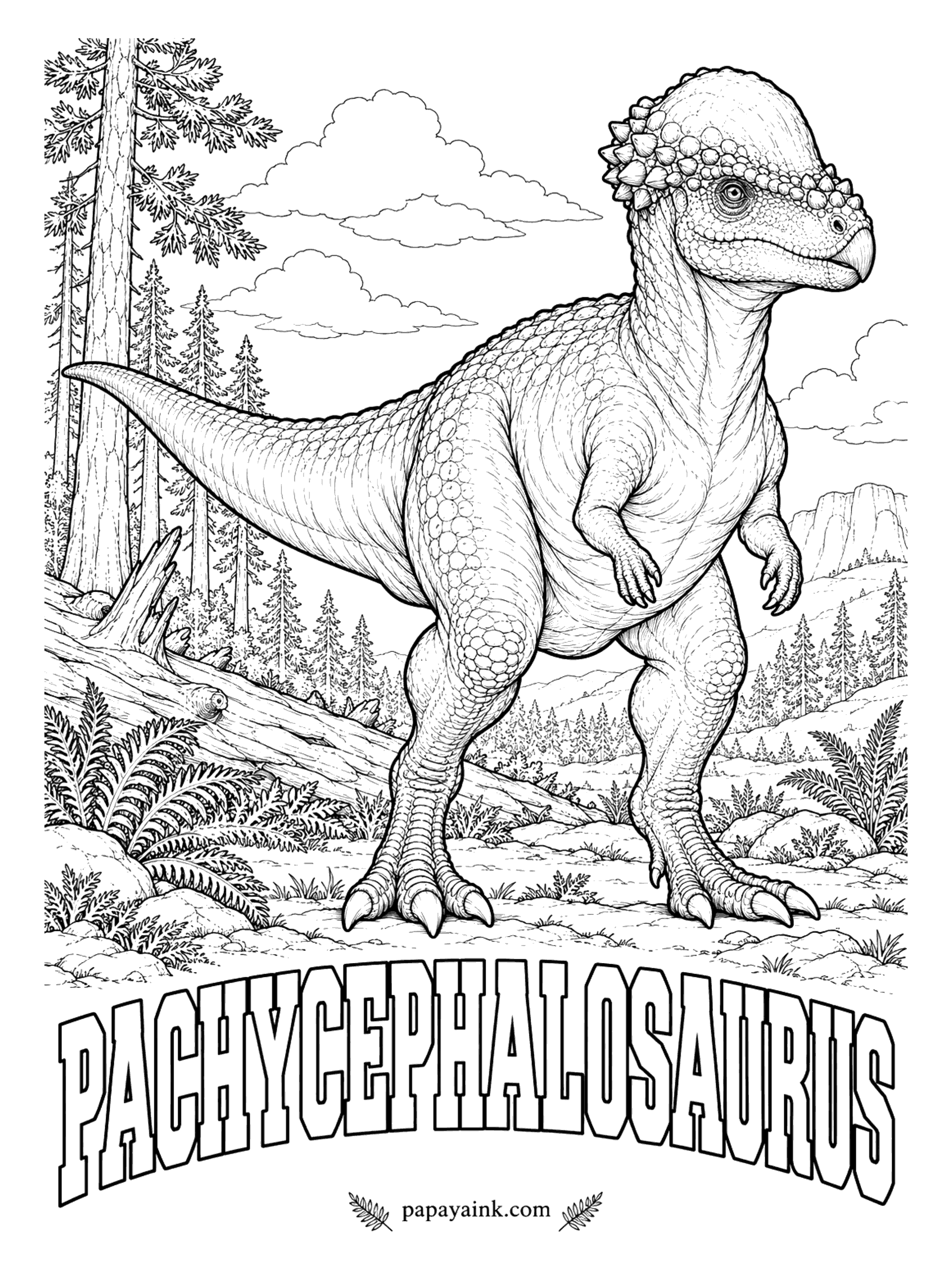Free Printable Dinosaur Coloring Pages - Solid bone up to ten inches thick sits on top of this skull. Pachycephalosaurus (pak-ee-SEF-ah-lo-SORE-us, thick-headed lizard) may have used the dome to butt rivals, though exactly how is still argued over. A plant-eater up to about 15 feet long. Western North America, 70 to 66 million years ago.