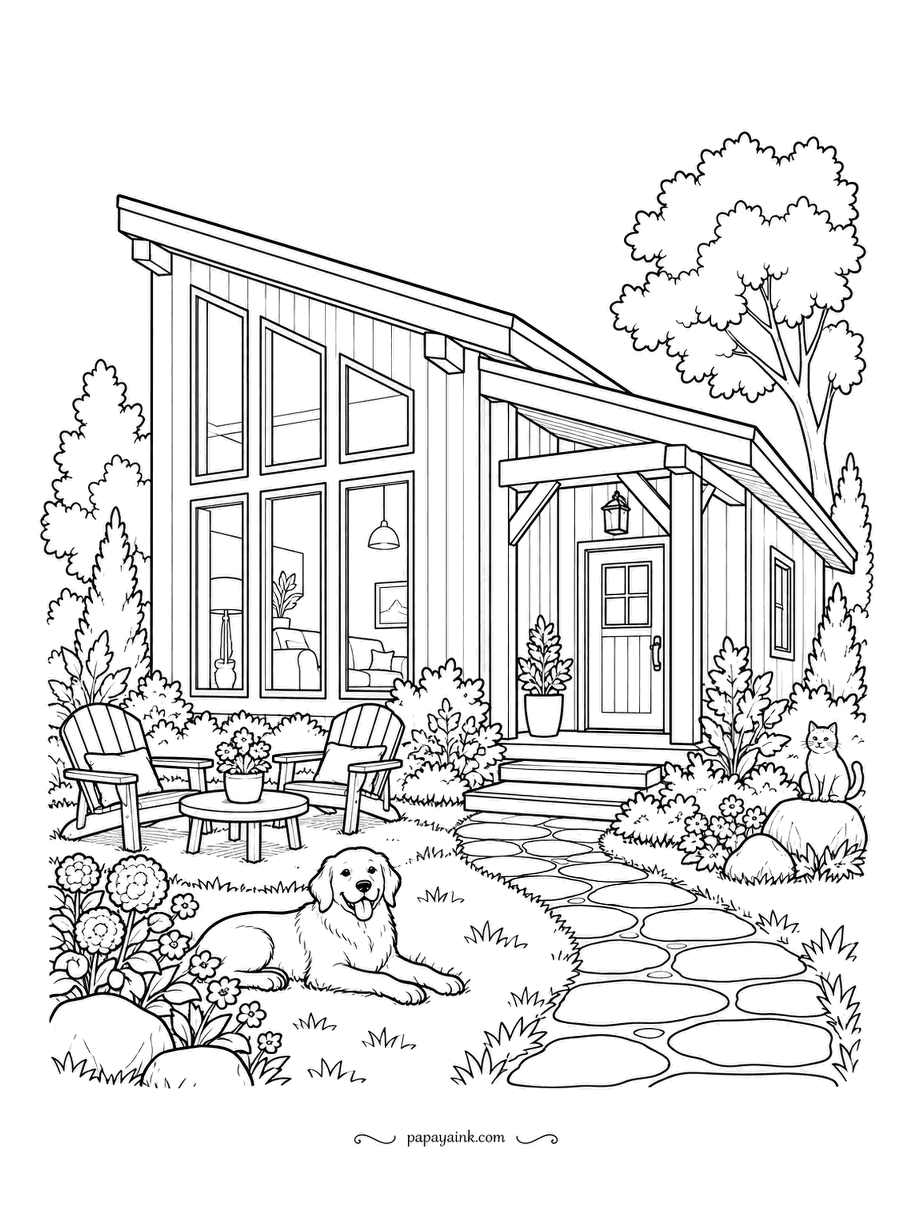 House Coloring Pages - A shed roof, tall windows and vertical siding - the Pacific Northwest look - with firs behind, two deck chairs, a dog on the grass and a cat on a boulder. Cedar brown for the siding, evergreen for the trees.