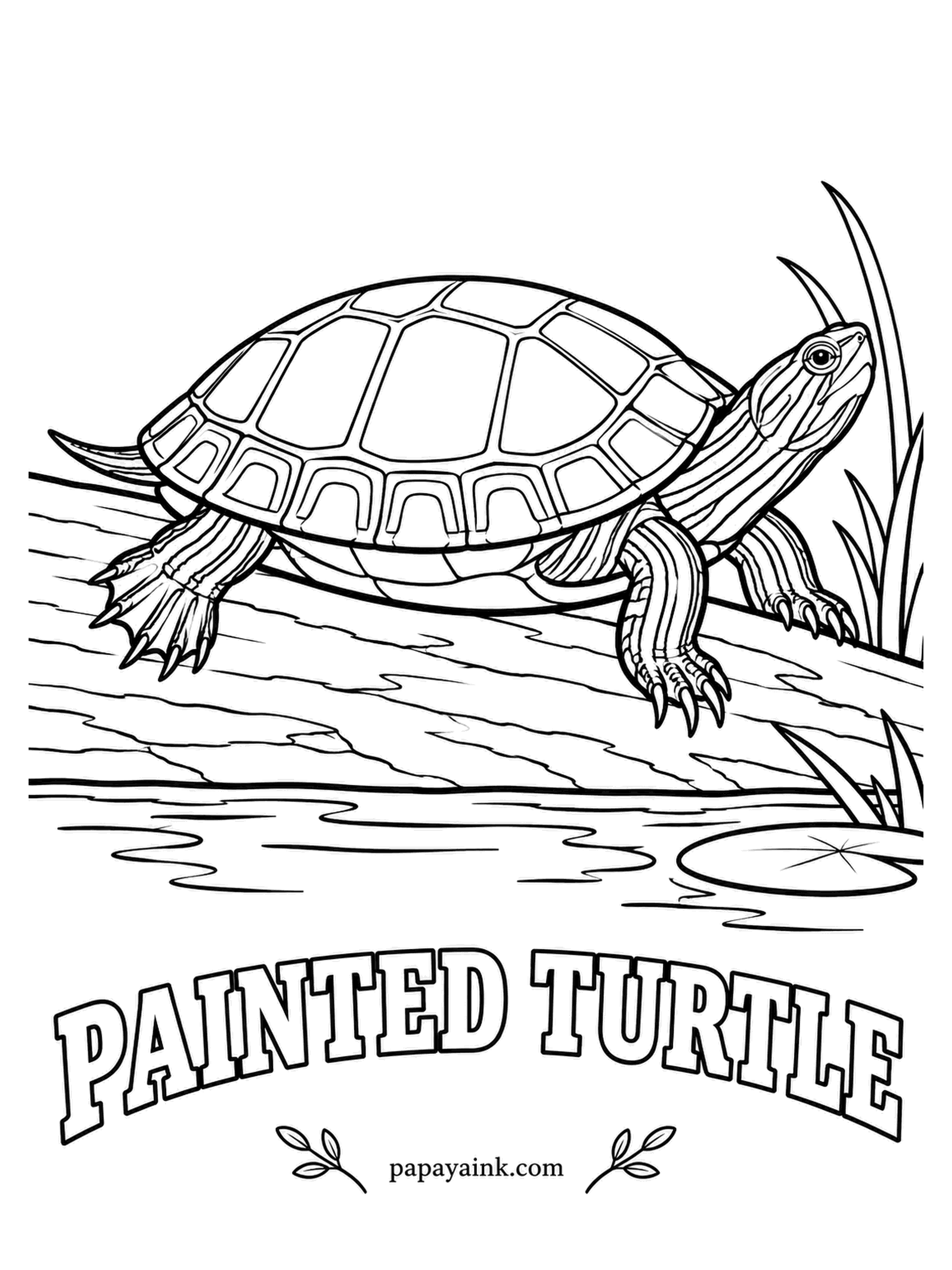 Reptile Coloring Pages - Hatchling painted turtles can spend their first winter frozen in the nest and thaw out fine in spring. The adult basks on a log here, shell olive or black, with red along the rim and bright yellow and red stripes on the neck.
