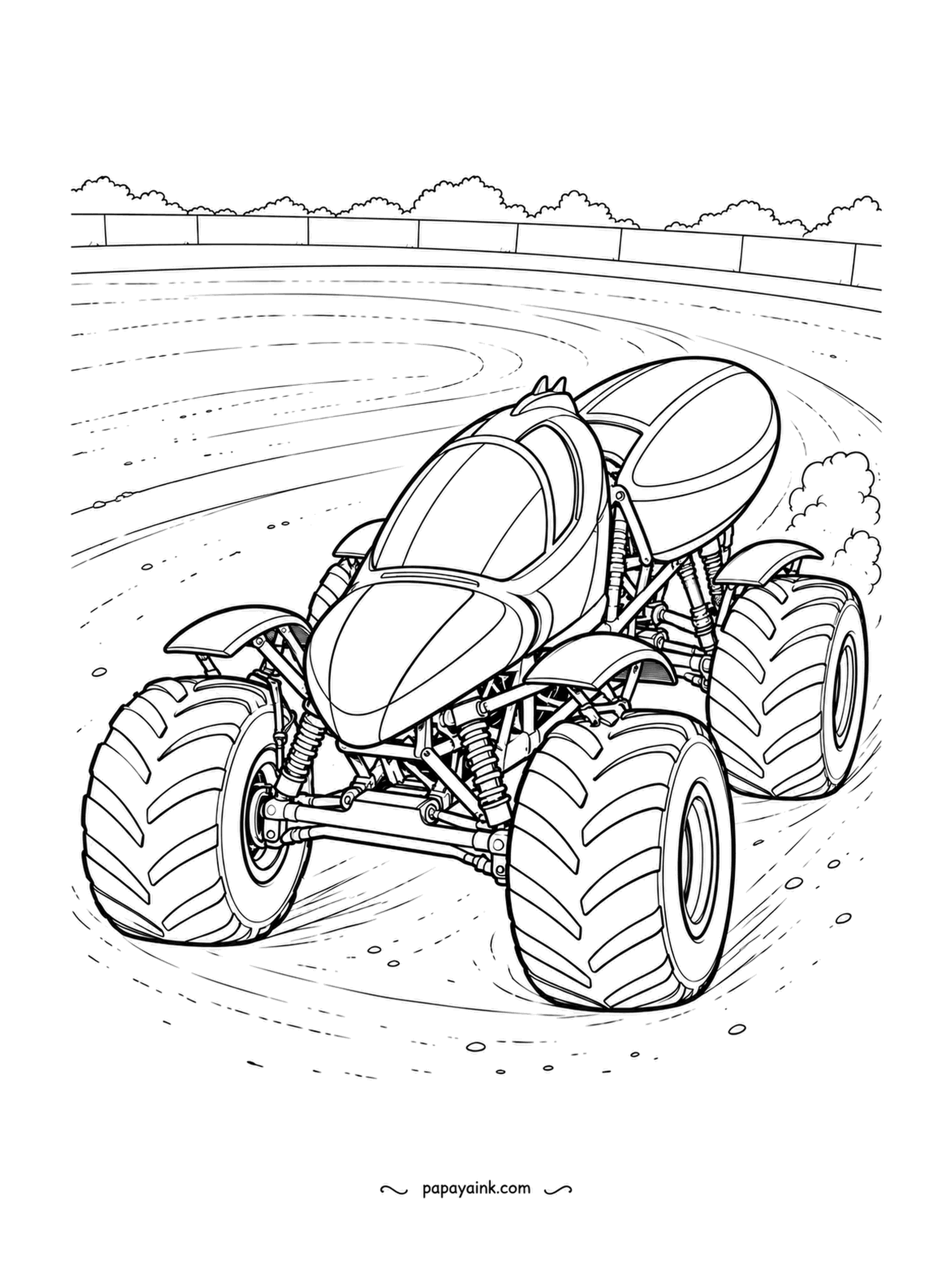 Monster Truck Coloring Pages - Inner apex of an oval, dust kicking up on both sides, the paired-drop explorer leaning into the turn with twin pods for a cab. Track lines sweep across the page. Earth tones and one sharp accent.