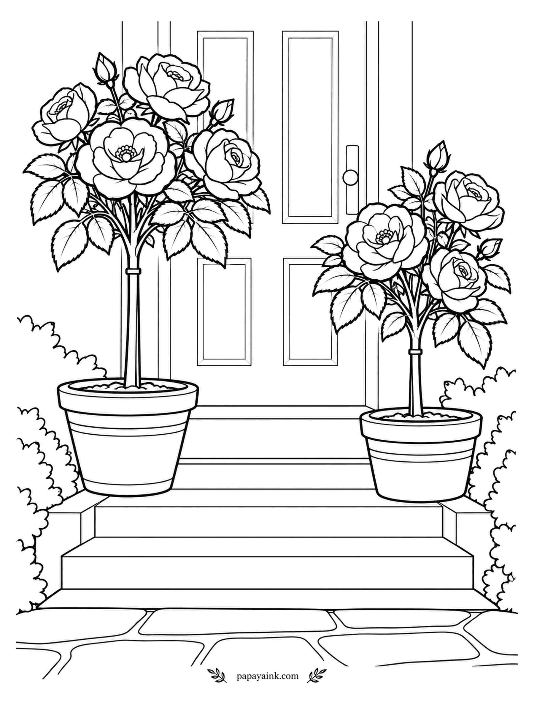 Rose Coloring Pages - Symmetry is the whole idea: two potted rose standards guard the front steps like doormen. Their round heads are trimmed to match. Color both in the same shades, then let the door take a bold accent.
