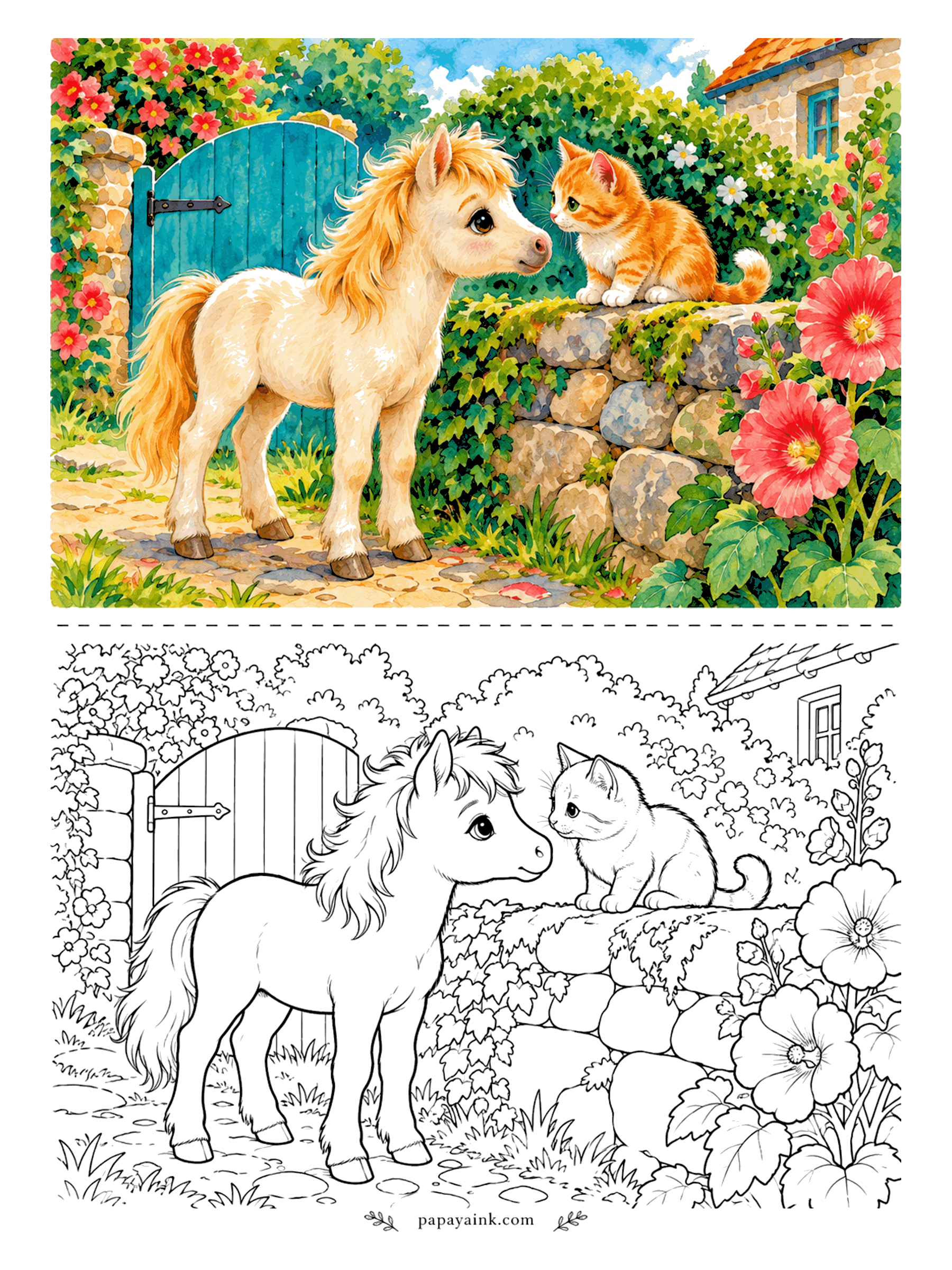 Cute Horse Coloring Pages - Garden wall summit. A ginger kitten has climbed the mossy stones to get level with the palomino foal, and the two are comparing noses by the gate. Hollyhocks in the corner want the brightest pink you have. Detailed.