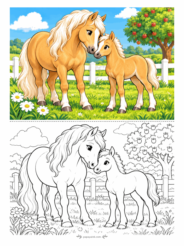 Cute Horse Coloring Pages - Nose to nose under the apple tree. A palomino mare leans down to her foal while the orchard fence runs behind them and daisies crowd the grass. Pale cream for both manes, and let the coats go golden.