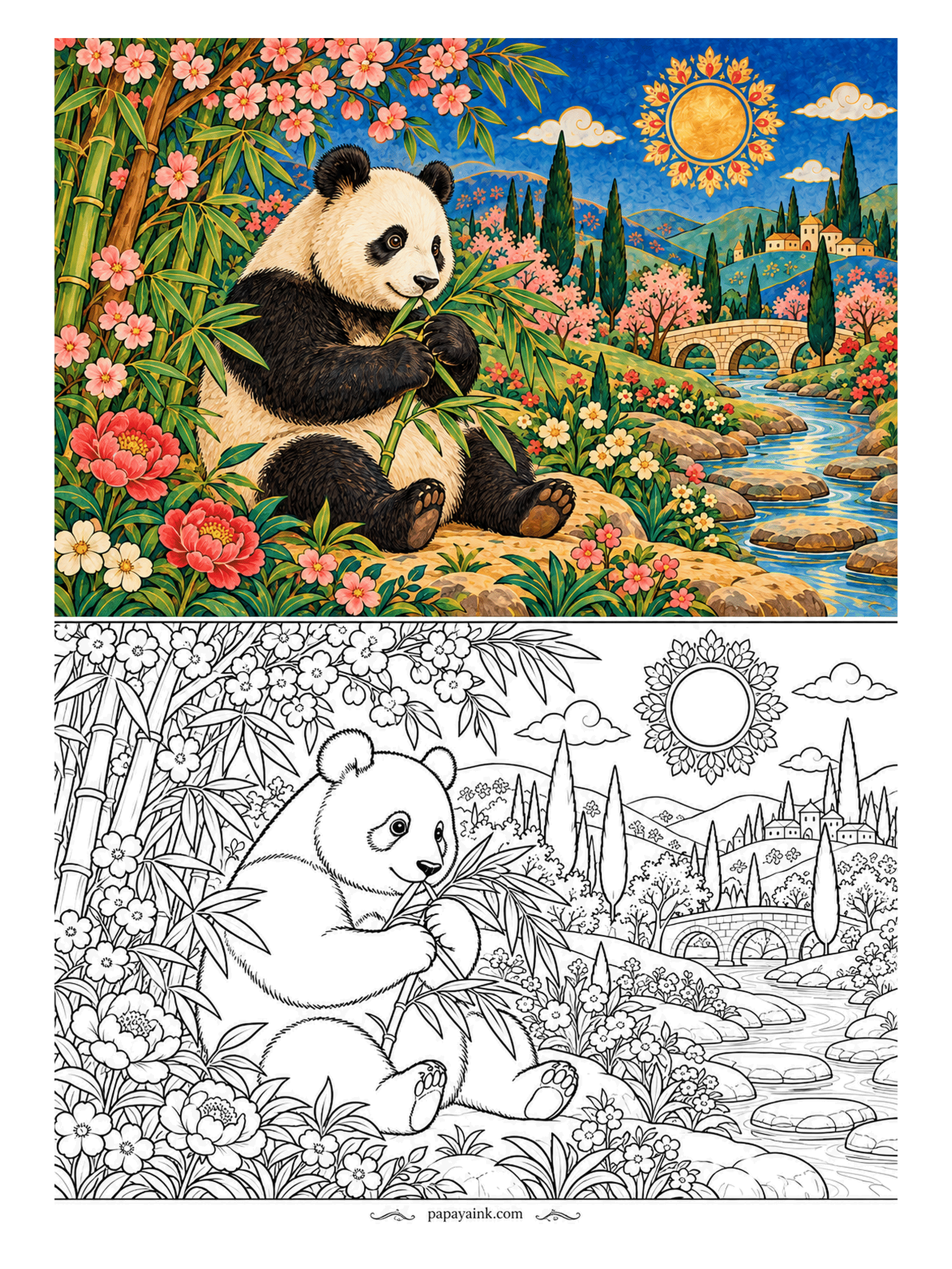 Panda Coloring Pages - Sitting back on the warm stone, a giant panda chews down a bamboo stalk with the patience of someone who has nowhere else to be. Peonies bloom at his side. Black-and-white animal, full-color garden - that contrast is the whole page.