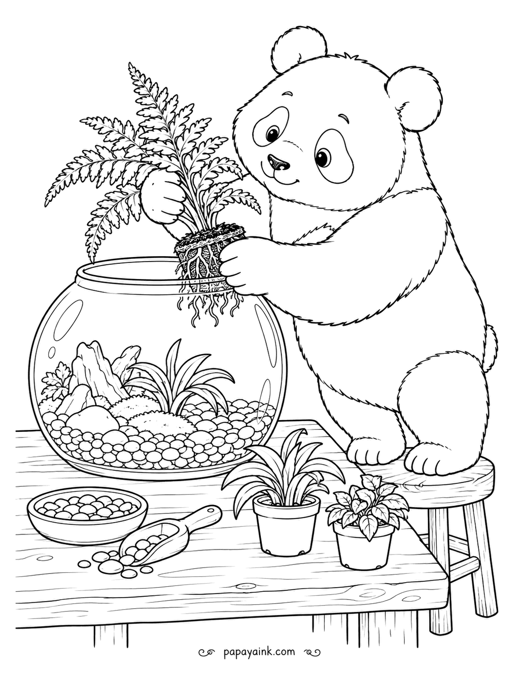Panda Coloring Pages - Pebbles first, then moss, then the fern goes in, roots and all. The panda is assembling a glass-bowl terrarium on the workbench, with spare seedlings and a scoop close by. Fine detail in the fronds and gravel.