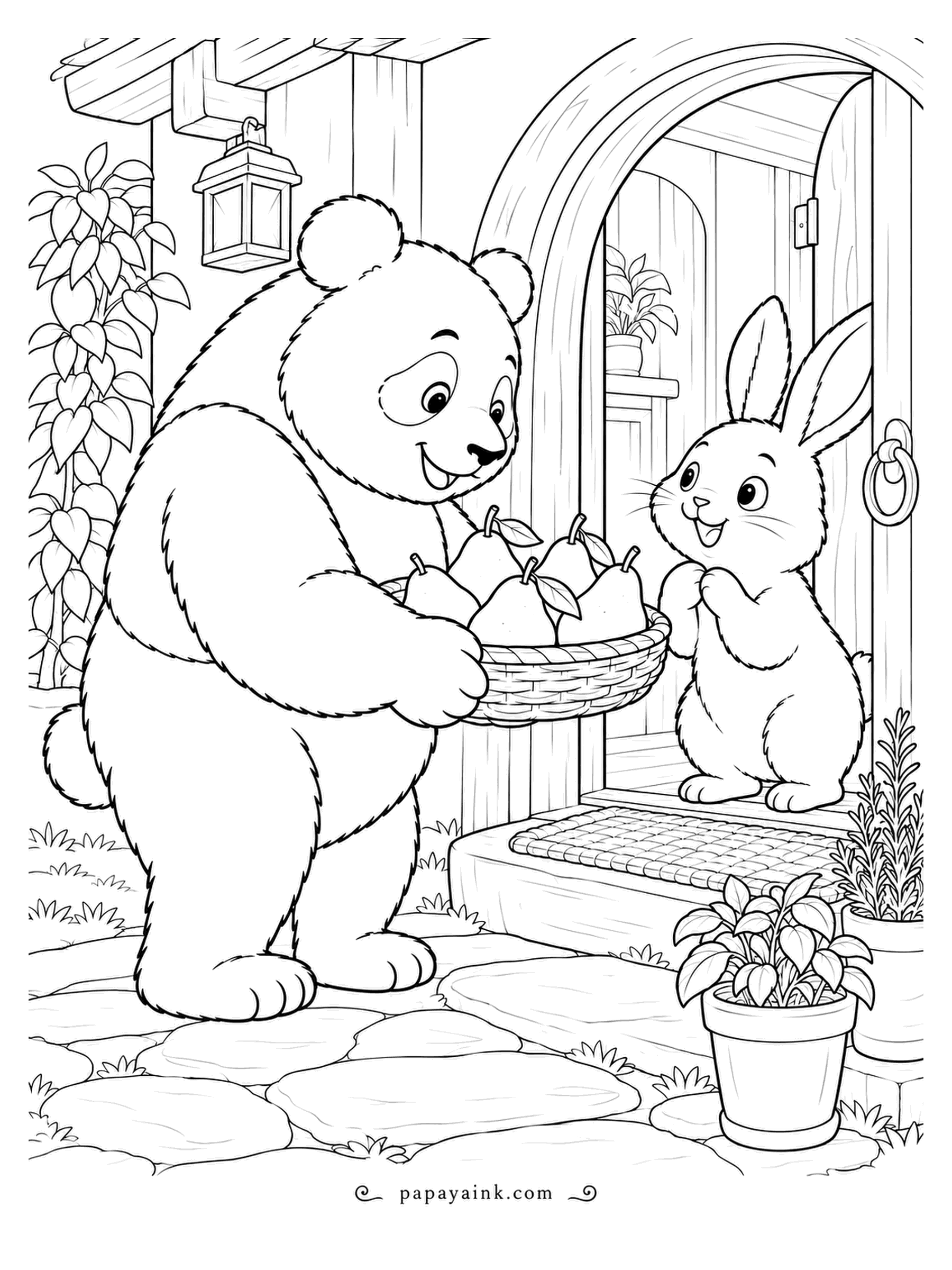 Panda Coloring Pages - A basket of ripe pears for the neighbor, delivered right to the door. The rabbit looks delighted, and the panda looks even happier to share. Stepping stones, lantern and potted plants frame the visit.
