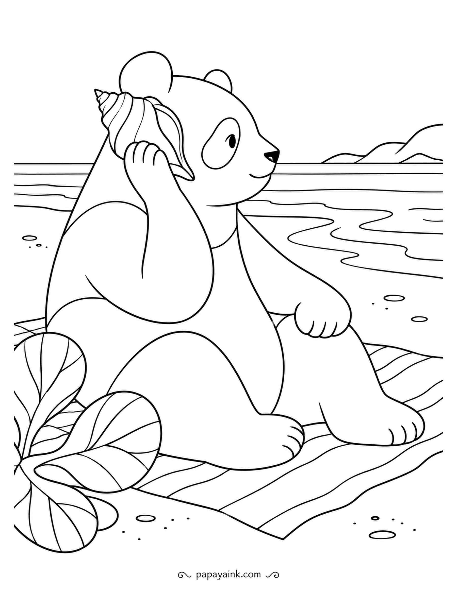 Panda Coloring Pages - Hold a large shell to your ear and you hear something like the sea - really just room noise echoing inside it. The panda tries it on a beach towel by the shore. Clean, generous outlines.