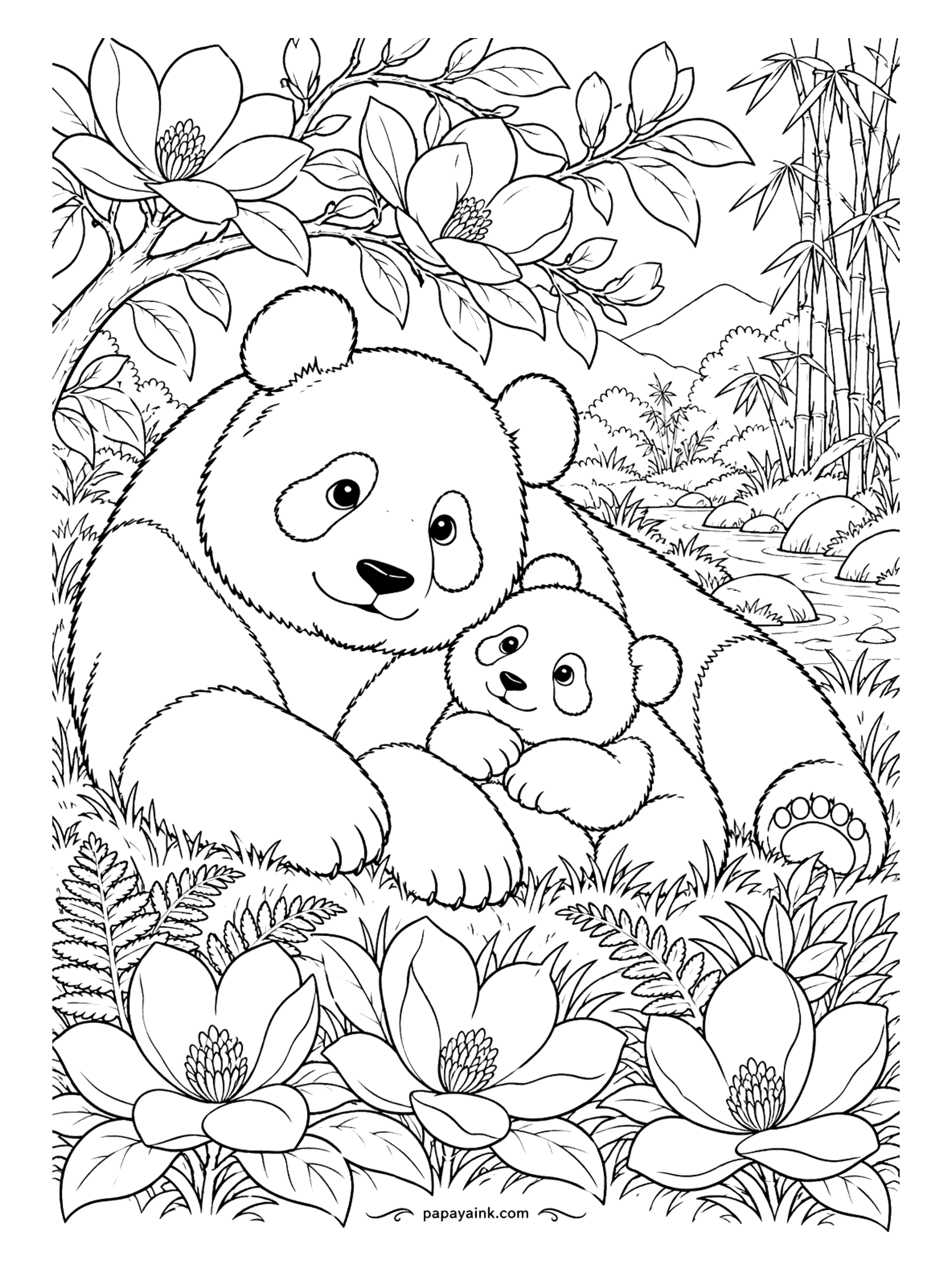 Panda Coloring Pages - Mother and cub in a magnolia glade, the little one tucked against her chest while a stream runs past the rocks. The blossoms are big enough for soft pinks and creams with no steady hand required.