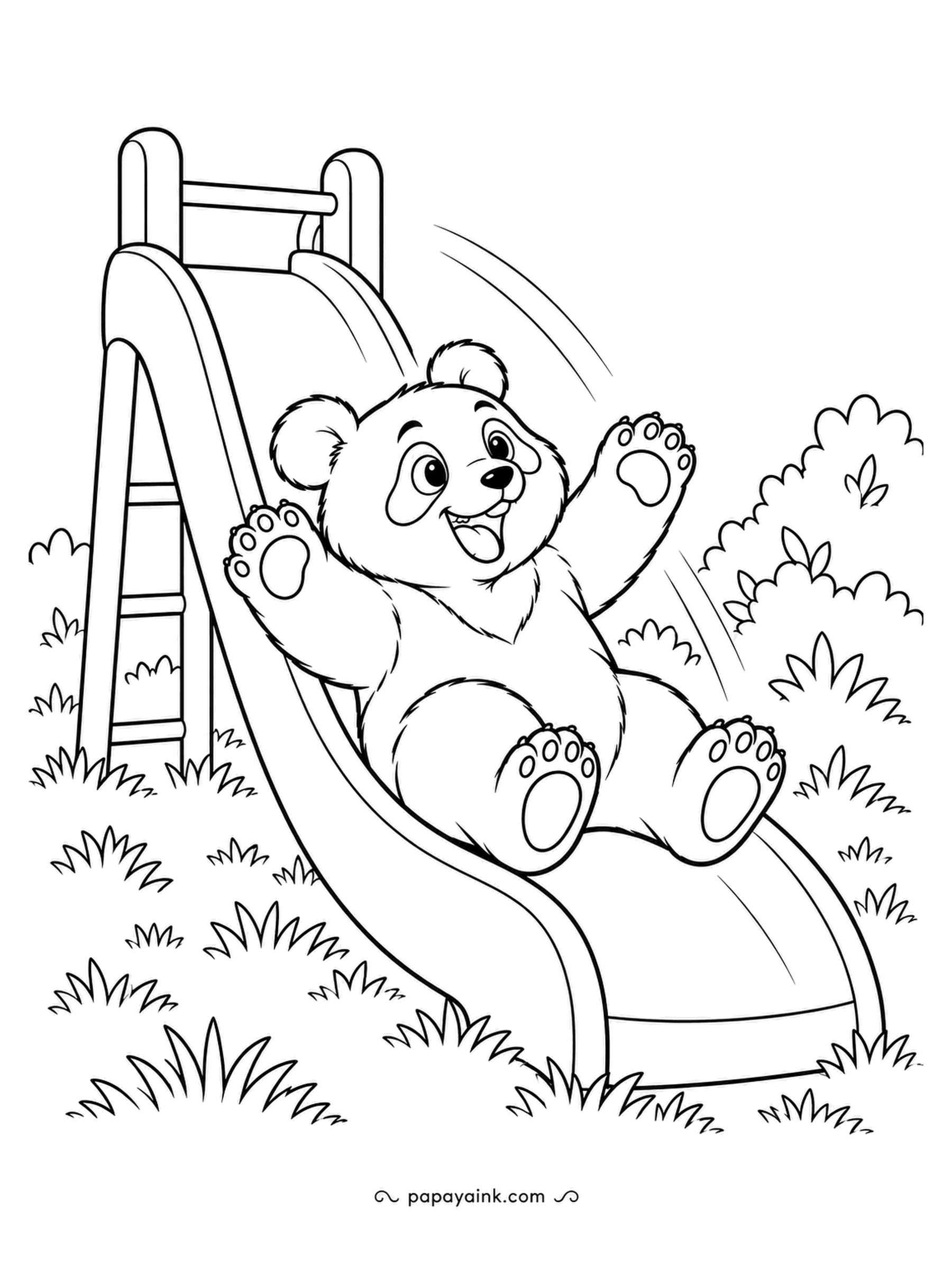 Panda Coloring Pages - Paws up, all the way down. The panda takes the playground slide with its whole heart and very little dignity. Simple grass and bushes around a big, cheerful character.