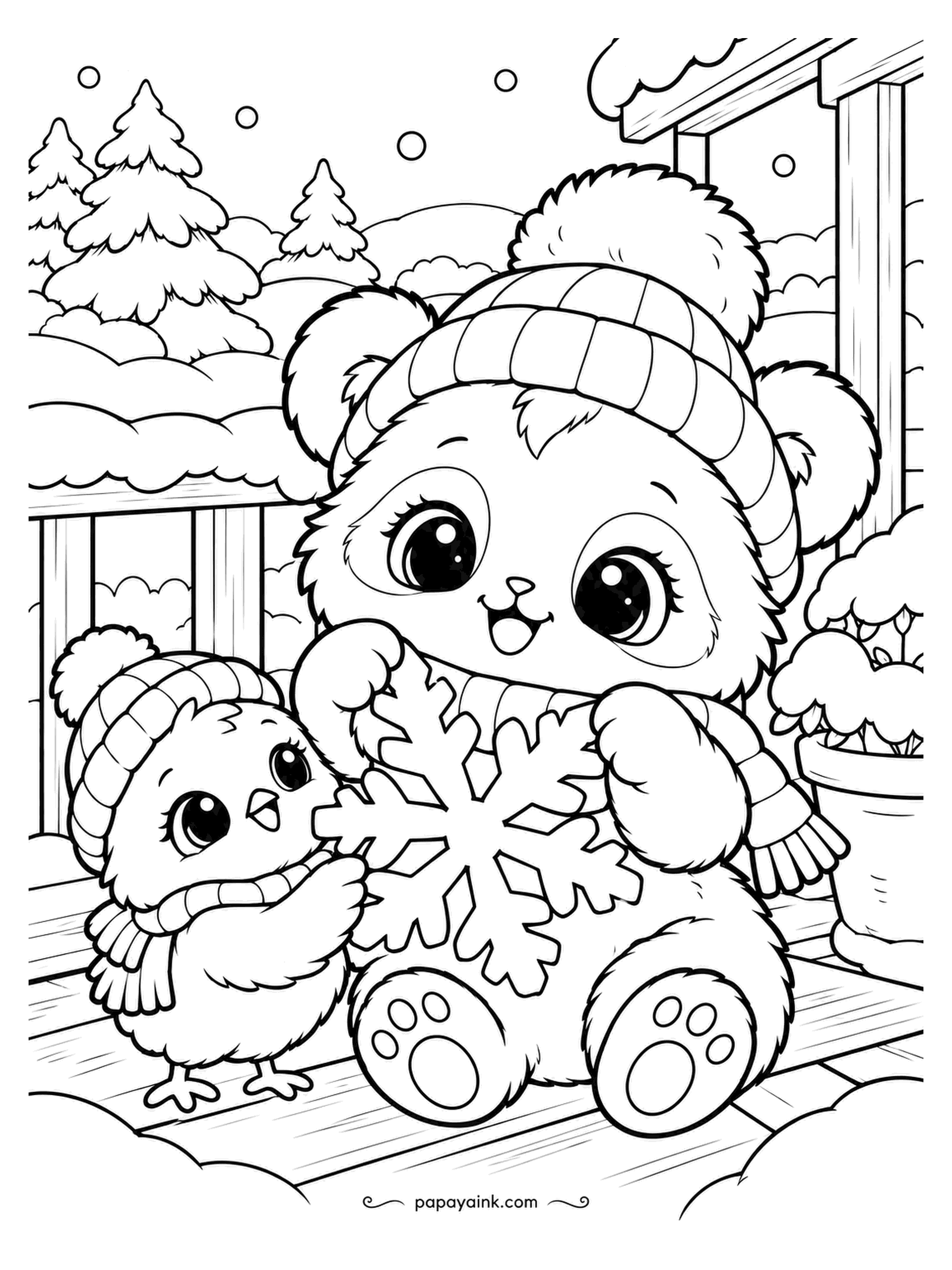 Kawaii Winter Coloring Pages - A paper snowflake the size of a panda's lap. The panda holds it up, the chick checks that the folds came out even, and they did. Keep the snowflake uncolored; black on the panda's ears and patches is all the page needs.