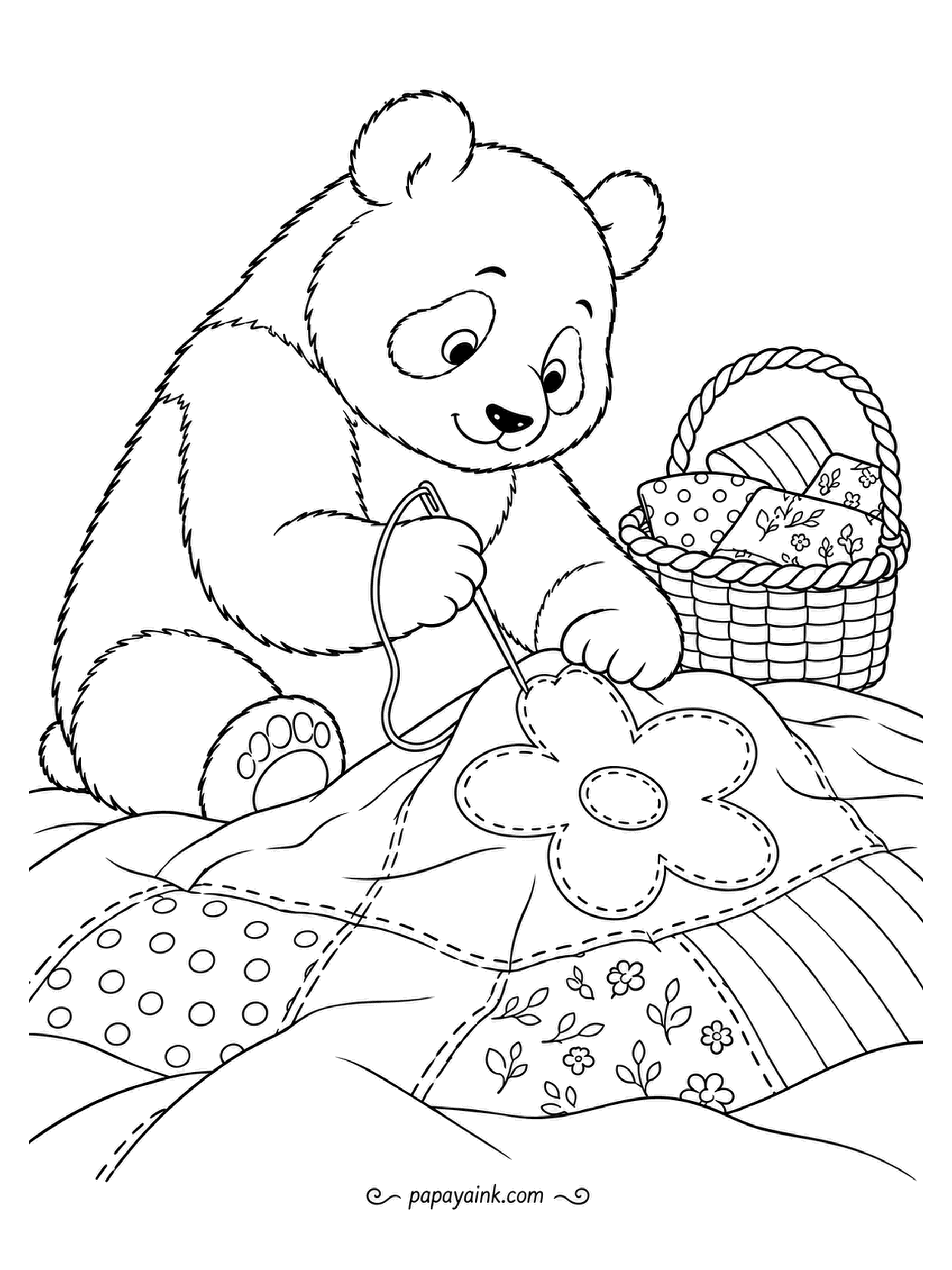 Panda Coloring Pages - A flower-shaped patch goes over the worn spot, stitched by hand with a big needle. Spare fabric squares wait in a wicker carrier. Polka dots, florals and stripes on the quilt - mix your patterns freely.