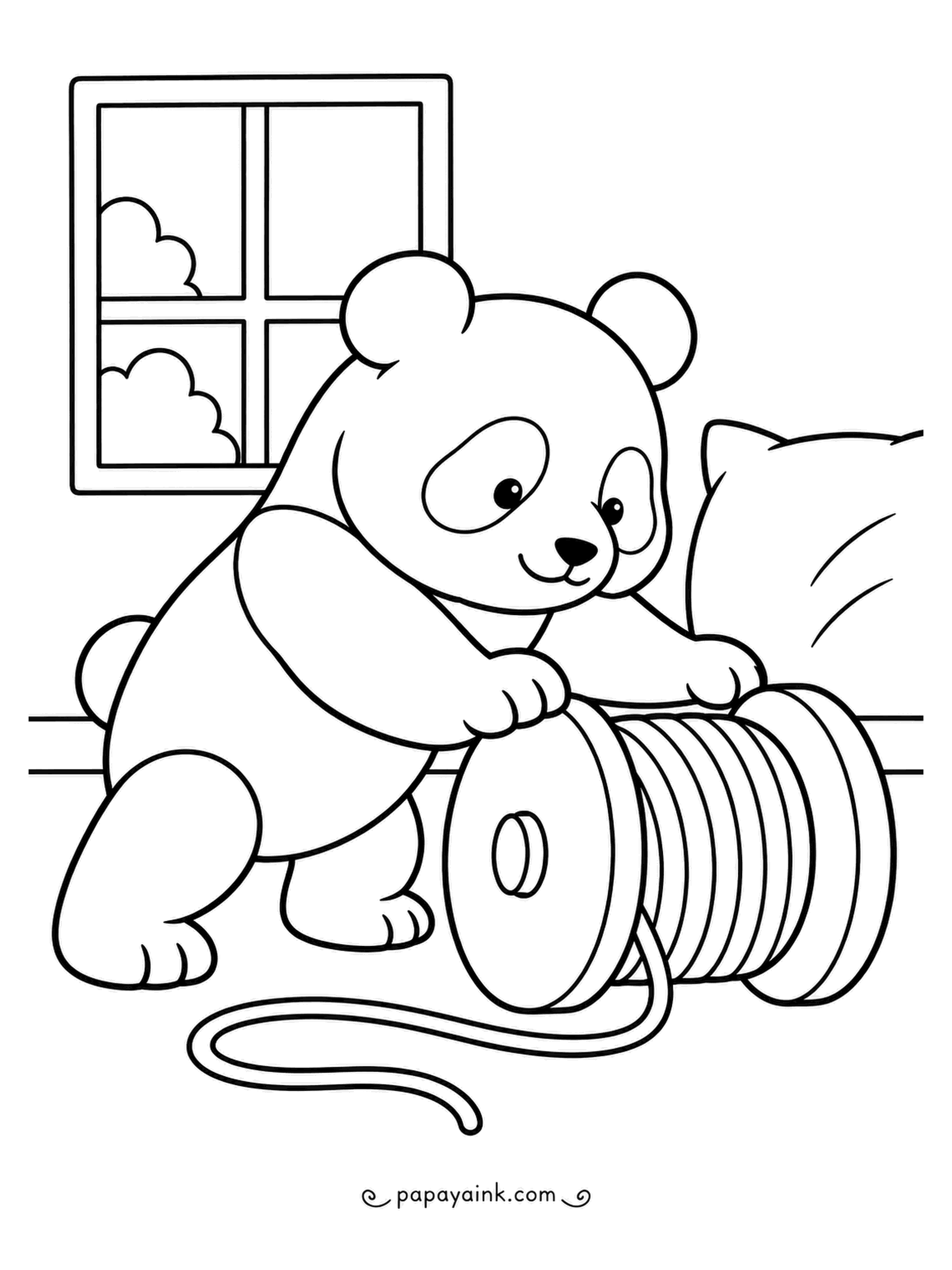 Panda Coloring Pages - A spool almost as big as the panda, and a loose cord snaking across the floor. Something tells us it will not stay wound for long. Thick lines and wide open shapes for little hands.