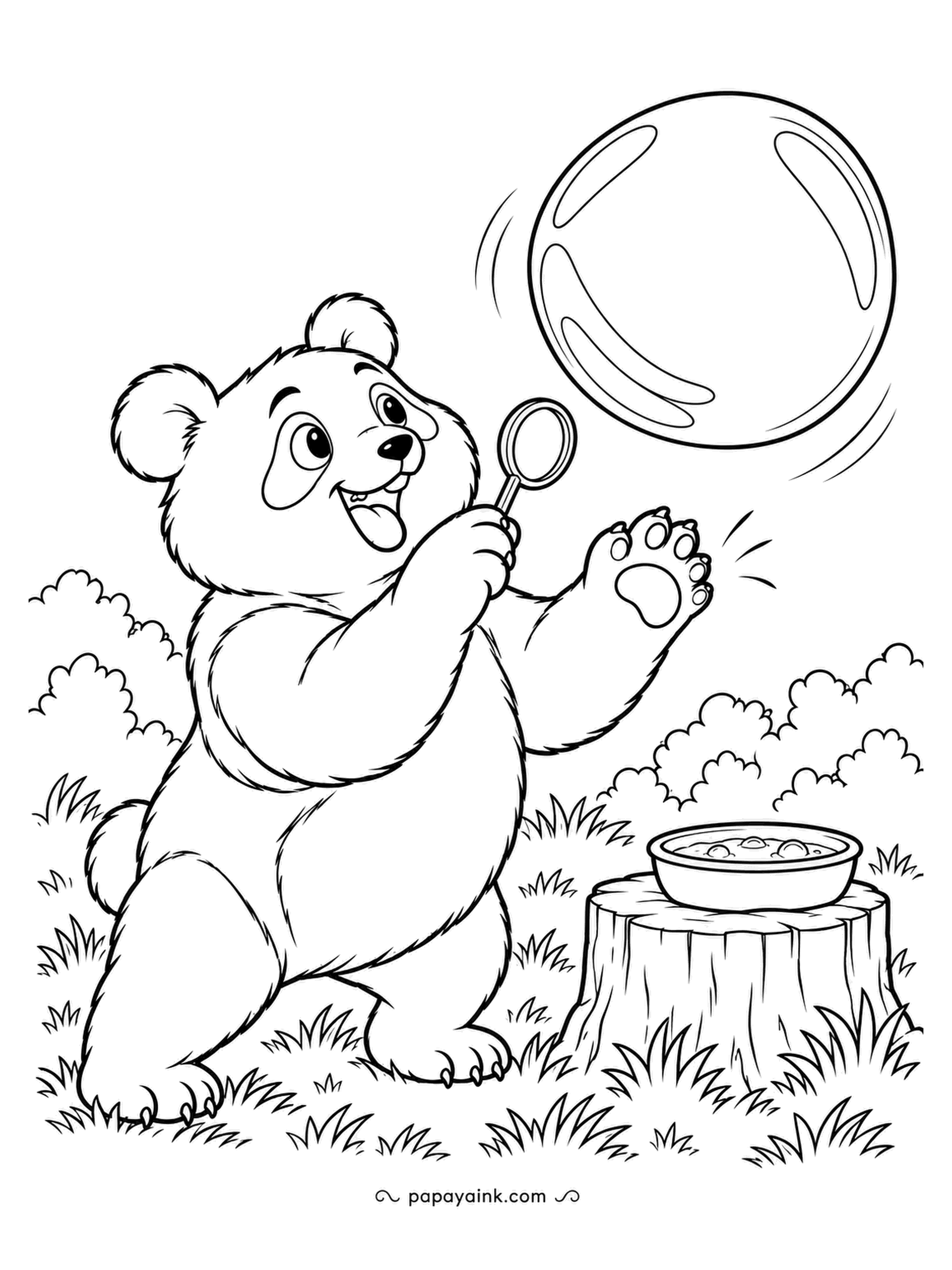 Panda Coloring Pages - One wave of the wand and out comes a bubble the size of a beach ball. The panda reaches for it, which will be the end of it. A shallow dish of soap waits on the stump.
