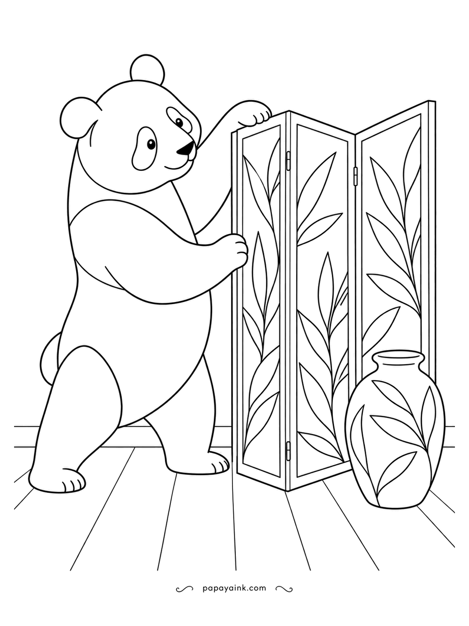 Panda Coloring Pages - Room design, panda style: three hinged panels with tall leaf motifs, angled just so beside a matching vase. The designer steps back to check the effect. Simple shapes with elegant botanical patterns.