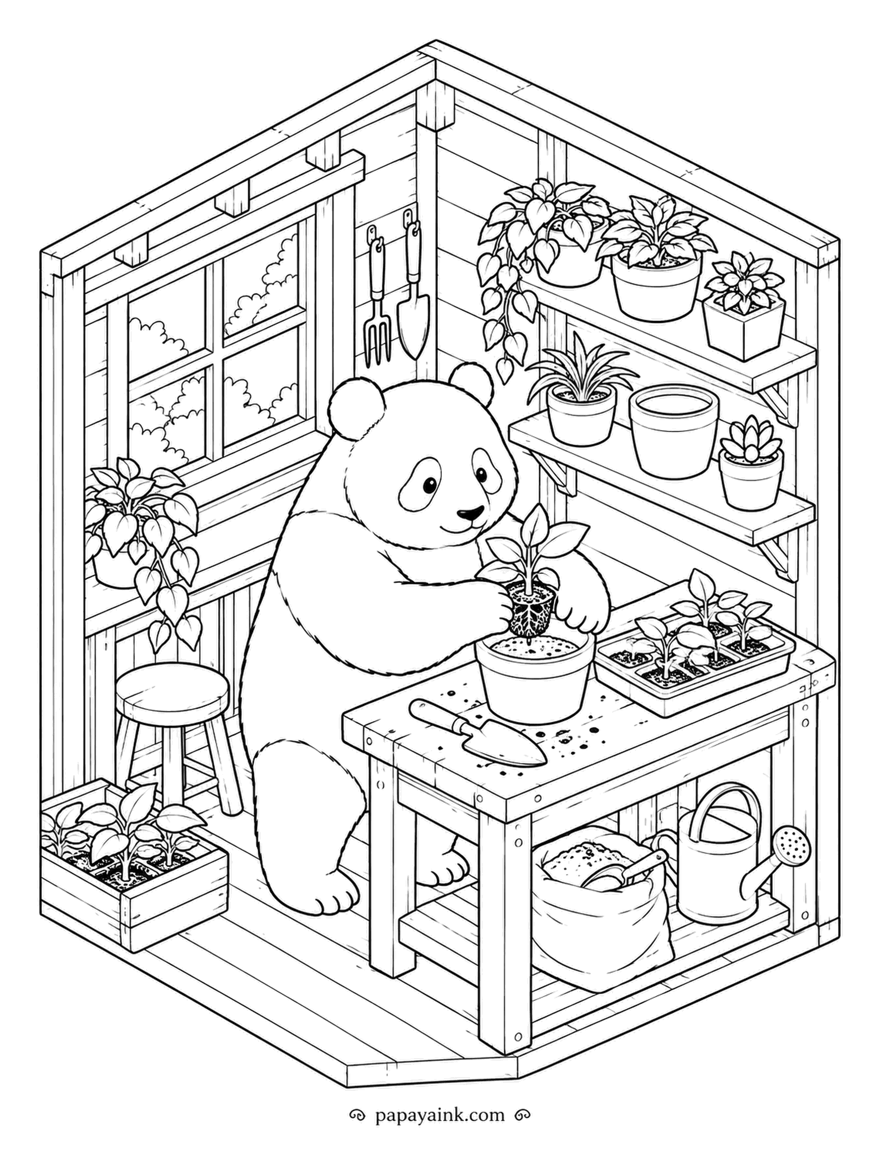 Panda Coloring Pages - Repotting day in the shed. Seedlings in trays, tools on hooks, a watering can under the bench, and the panda pressing soil around a new plant. Isometric walls and shelves - neat, orderly detail.