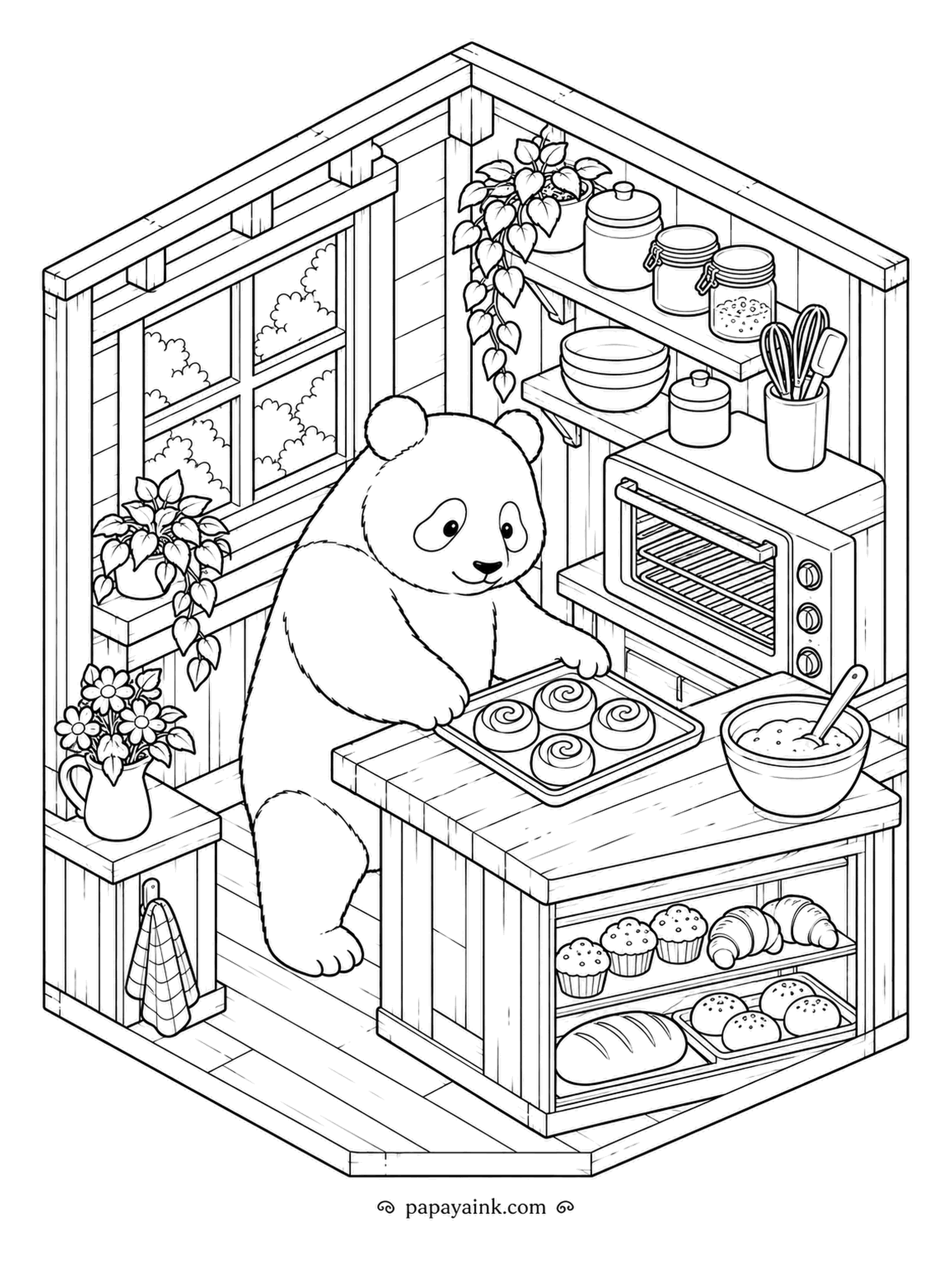 Panda Coloring Pages - Cinnamon rolls fresh out of the oven, and a counter display of muffins, croissants and loaves below. The panda baker is clearly proud of the tray. Isometric kitchen with jars, whisks and a flowering window.