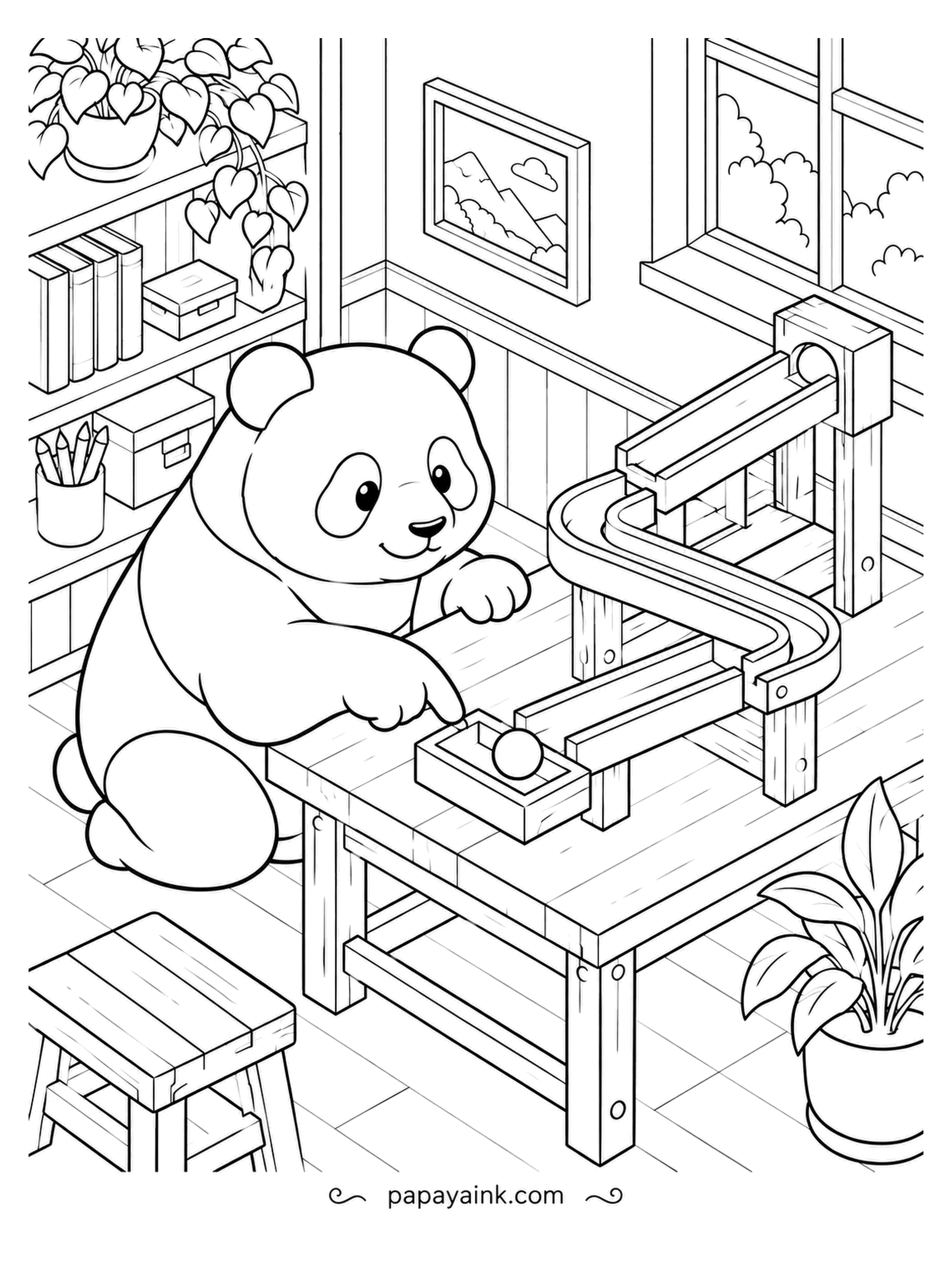 Panda Coloring Pages - Marble run assembled, the panda is ready to send the first marble down the spiral. Shelves, books and a potted fern fill the cozy isometric room. Neat straight lines for steady hands.