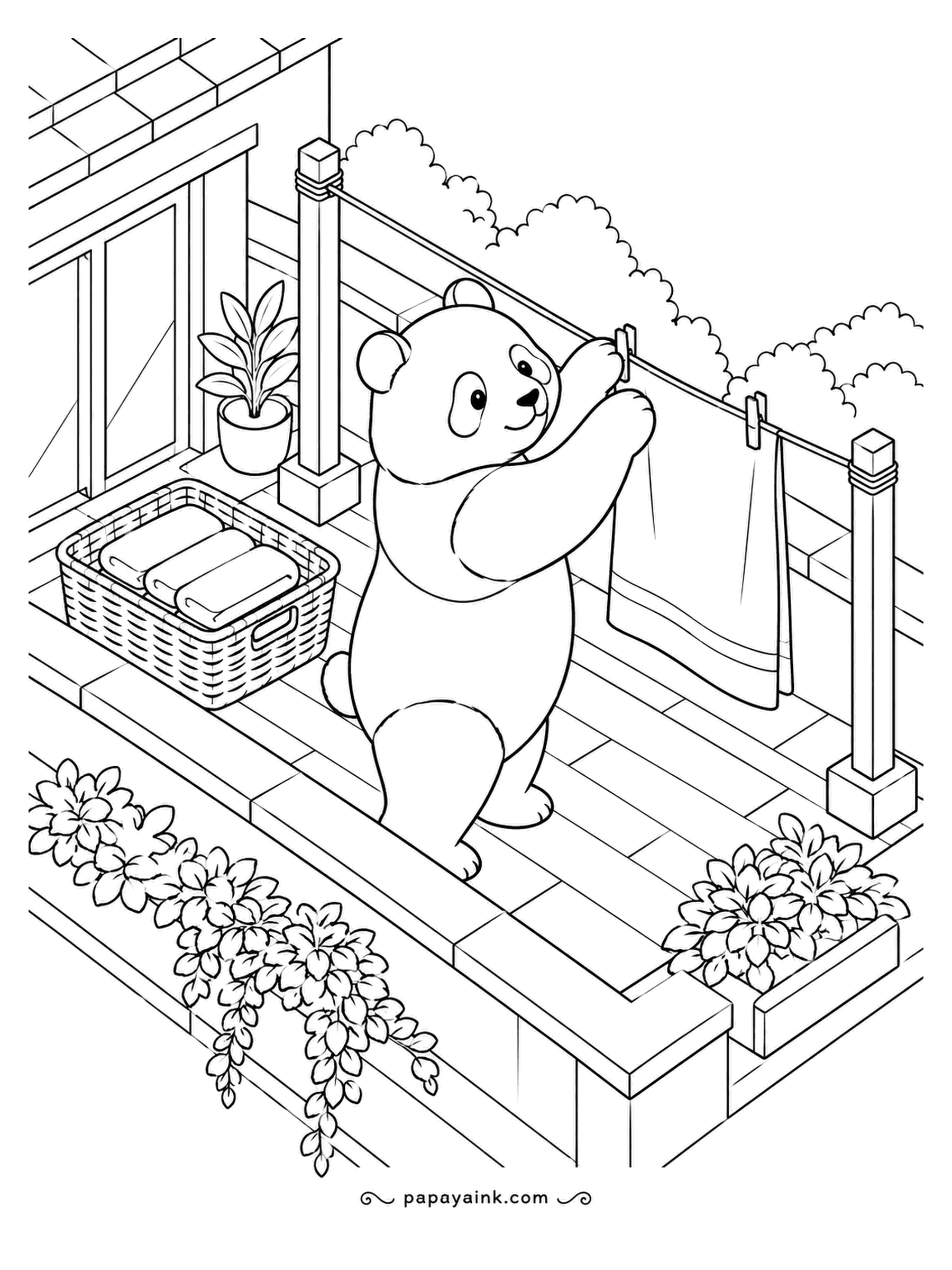 Panda Coloring Pages - Laundry day on the roof terrace. The panda pegs a towel to the line while a hamper of folded linen waits nearby. Trailing plants spill over the planters. Isometric tiles and posts.