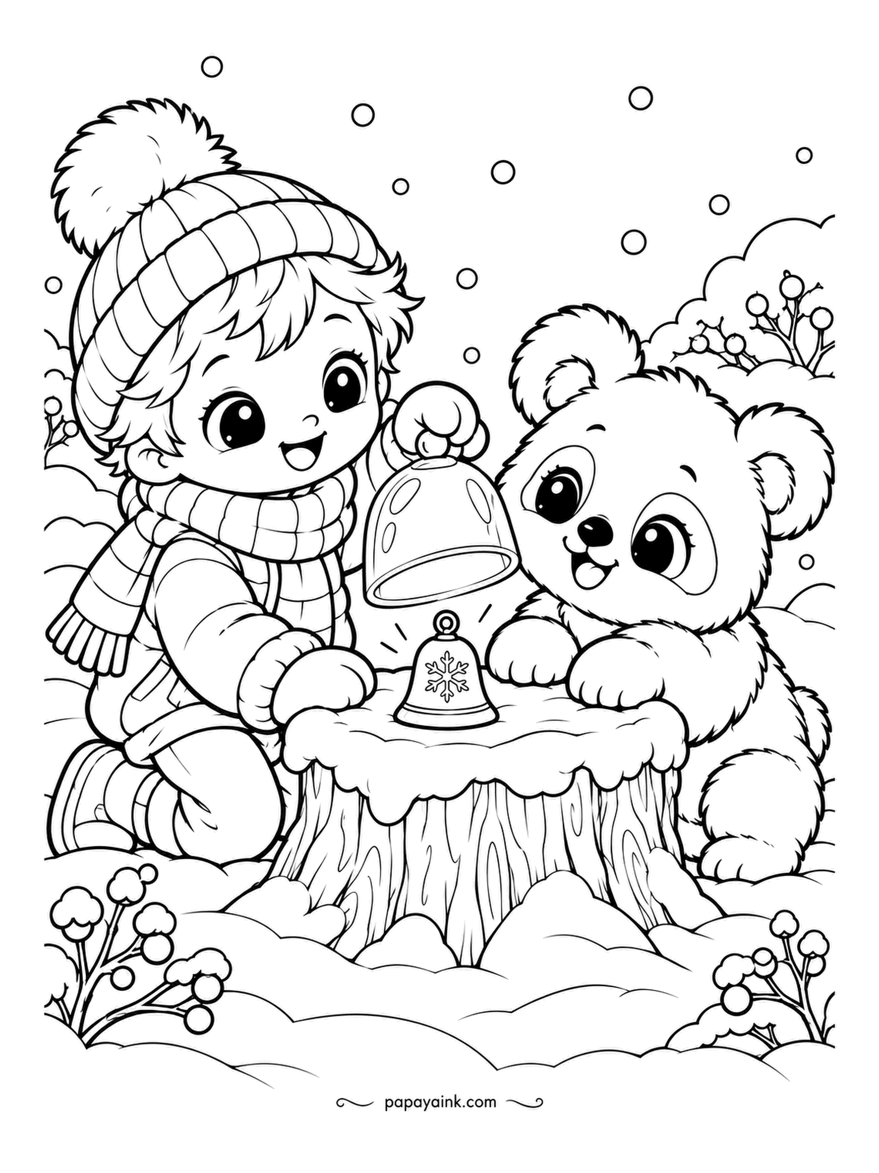 Cute Winter Coloring Pages - Bell under a glass dome, and a boy and a panda cub lean in over the stump as he lifts the lid. Berries on the bushes, flakes falling. Black and white panda, a gold bell, and the dome left clear.