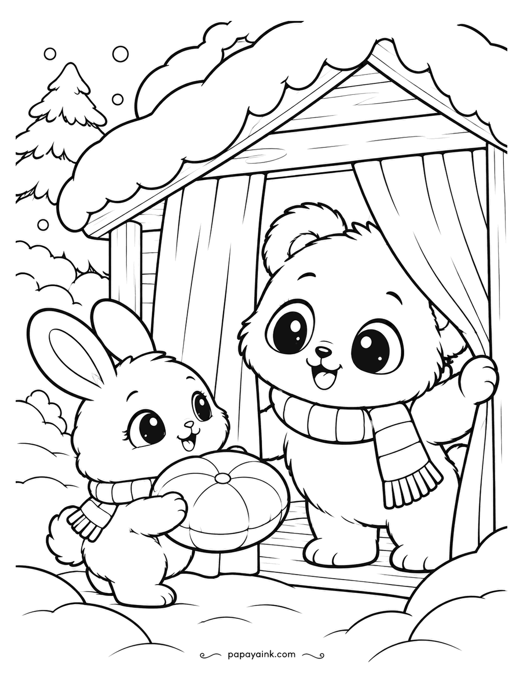 Kawaii Winter Coloring Pages - The panda opens the curtain of the snow porch, and the bunny arrives with a cushion, because a porch without a cushion is just a shed. The curtains take any paint you like; the roof is already done.