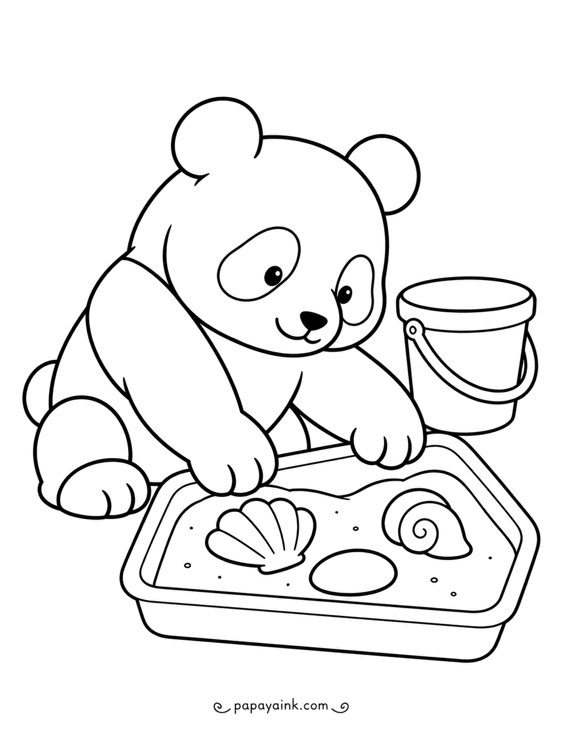 Panda Coloring Pages - Shells from the beach, laid out in a tray of sand: a scallop, a spiral and a smooth round one. The panda is arranging the collection, bucket ready for more. Thick outlines, quick to finish.