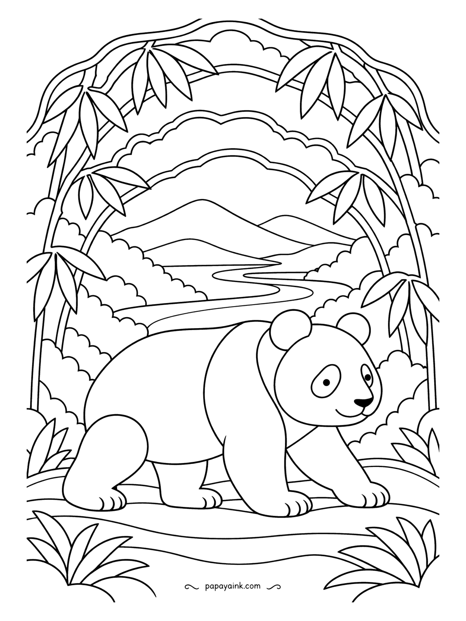 Panda Coloring Pages - Out from under an arch of bamboo ambles a cub, with layered hills and a winding river in the distance. Few small details here, so crayons and markers both work.