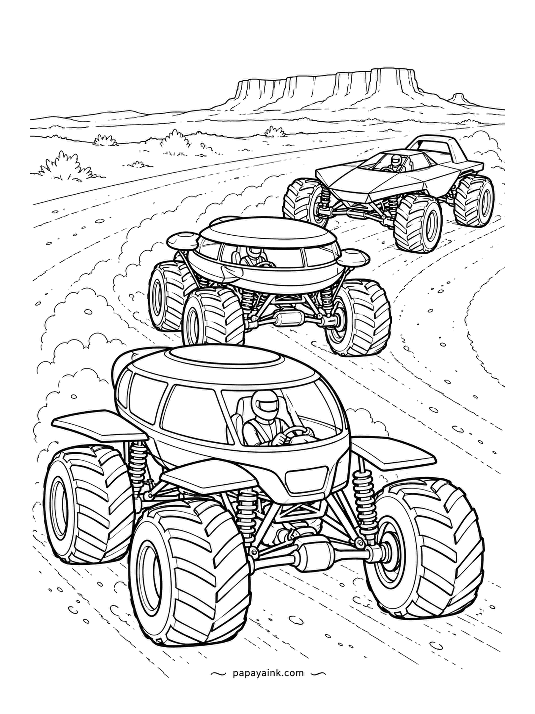 Monster Truck Coloring Pages - Three-lane sprint across the desert, the glass-domed truck leading and two more fanned out behind. Dust clouds trail off every tire. Detailed - helmets, panel lines and a mesa on the horizon.