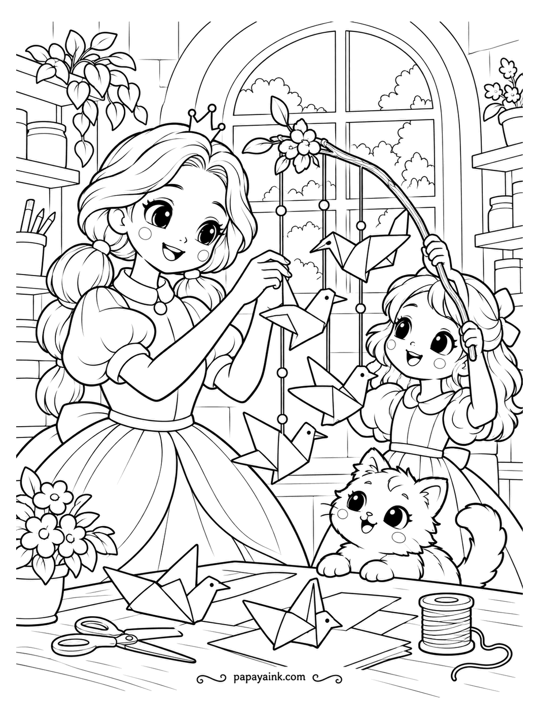 Kawaii Princess Coloring Pages - Paper birds on a string, waiting for a breeze. The princess with the braids threads the last one, her little friend lifts the branch they hang from, and the kitten is choosing which bird to catch. Fold lines on every bird - pale shading there.