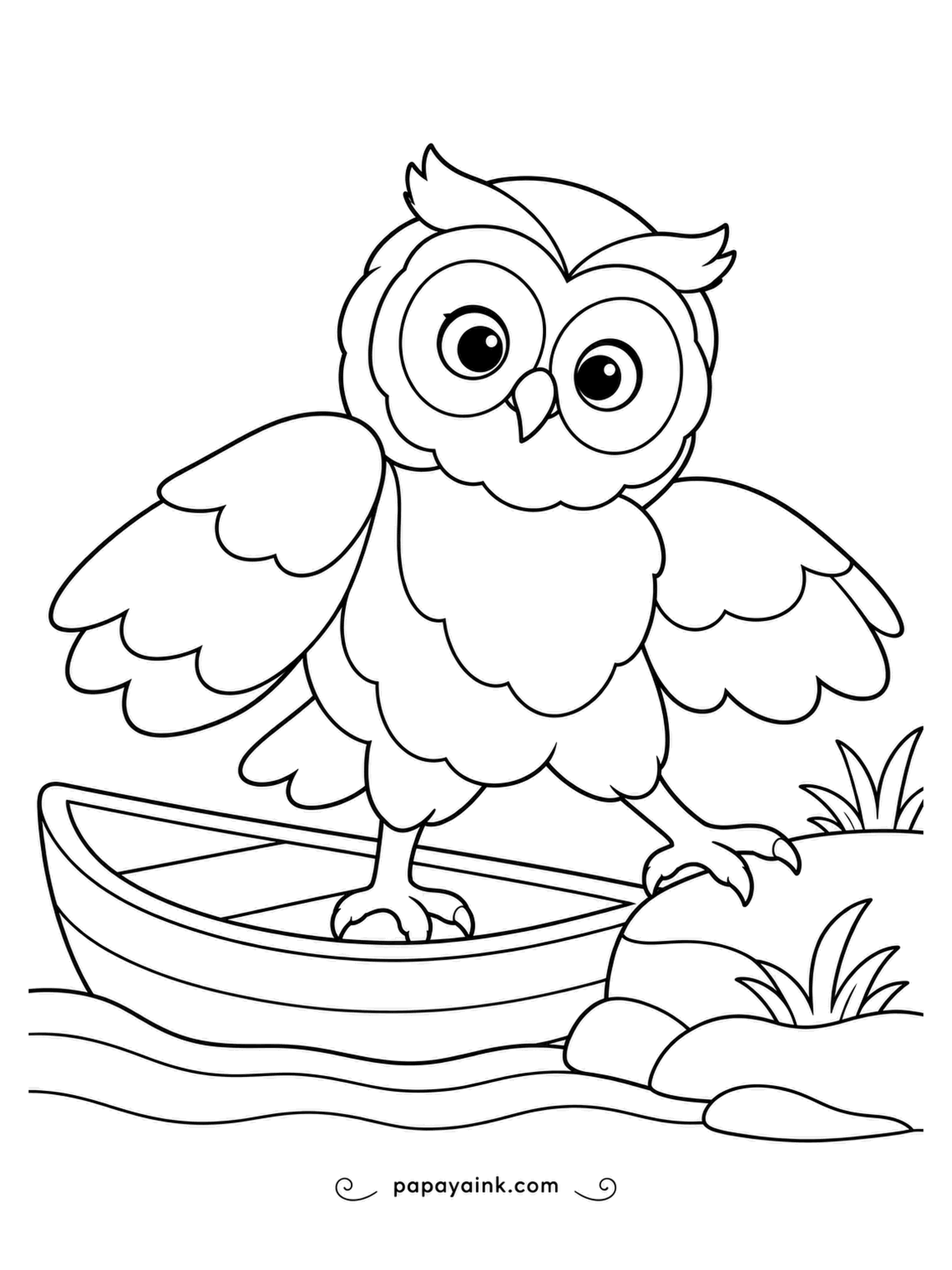 Owl Coloring Pages - Shore reached: the owl climbs out of a small boat onto the stones, wings spread for balance. Thick outlines and very few details - blues for the water, browns for the boat.