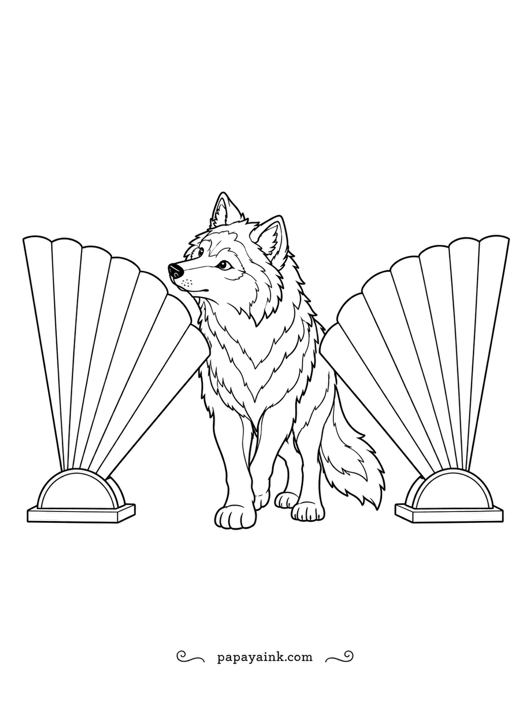 Wolf Coloring Pages - Pleated fans stand open like stage scenery on either side, and the wolf steps out between them as if taking a bow. Lots of white space and long, simple pleats - alternate two colors across the folds.