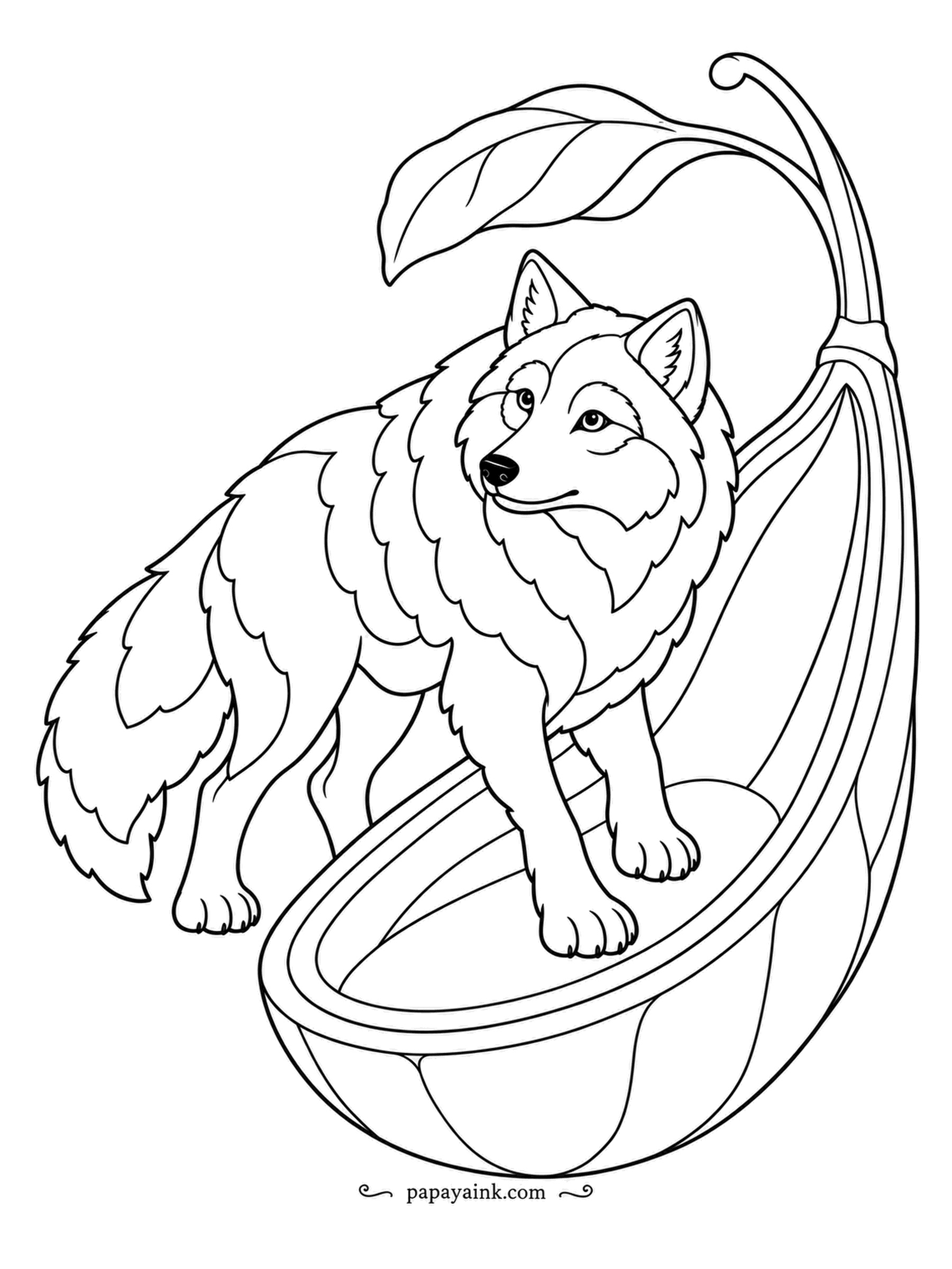 Wolf Coloring Pages - A seed pod split open into a little boat, and a paper-cut wolf standing in it like a captain waiting for wind. A single leaf hangs overhead. Flat, layered shapes - try shading every layer a step darker.