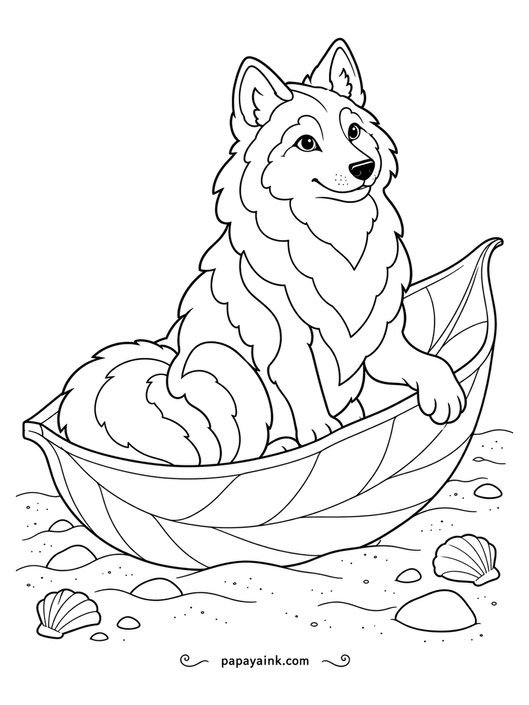 Wolf Coloring Pages - Shipwrecked on purpose: the paper-cut wolf sits in a folded leaf boat on the sand, waiting for the tide to finish the job. Shells lie scattered nearby. Moss green, sand beige and pale silver are all it needs.