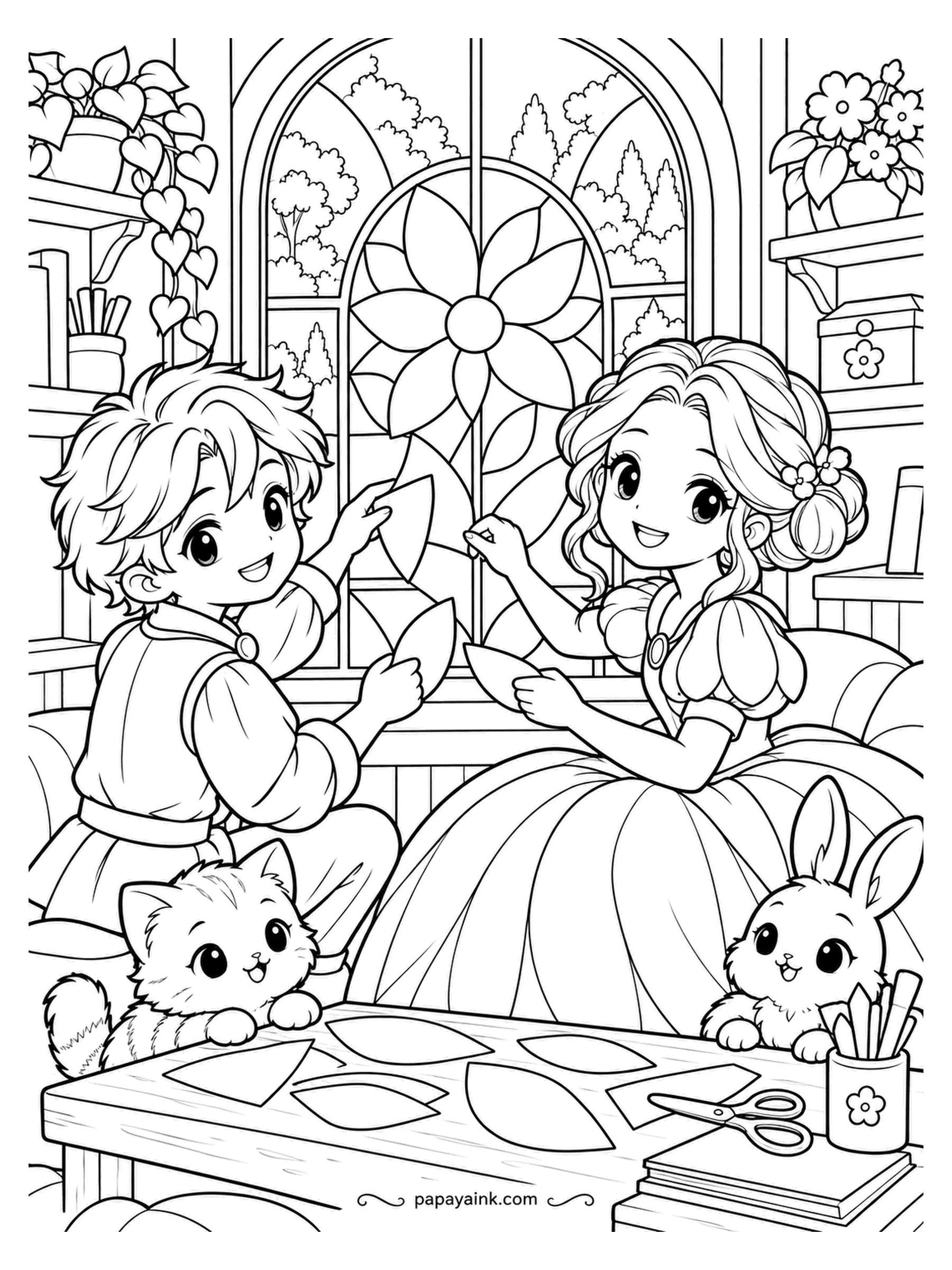 Kawaii Princess Coloring Pages - Petal by petal, the window is turning into a flower. The prince presses one onto the glass, the princess hands him the next, and the kitten and the rabbit guard the pile of cut-outs. Petals in one family, pale center to deep edge.
