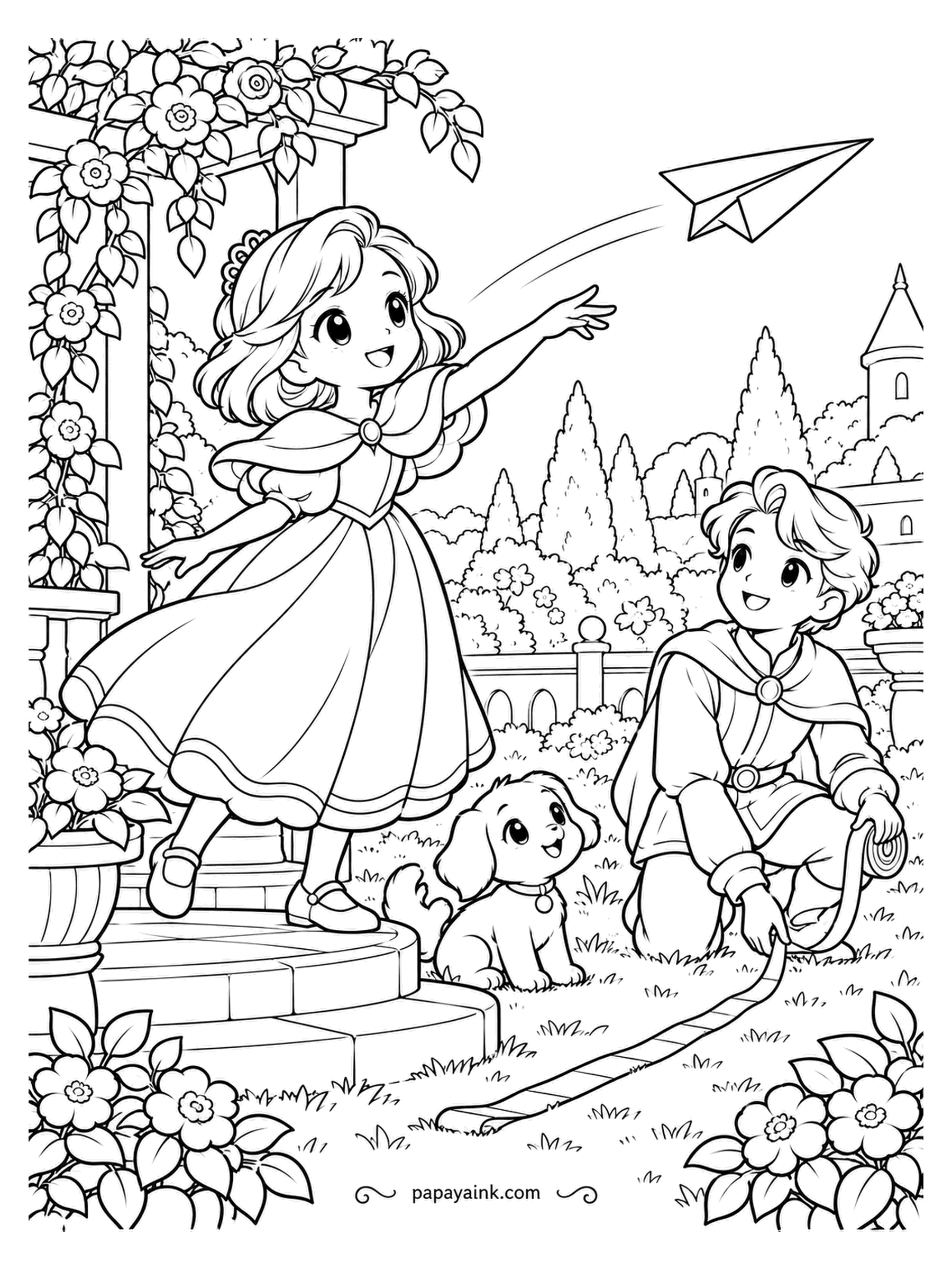 Kawaii Princess Coloring Pages - Launch from the top step. The princess has let the paper glider go and is watching it climb, the prince unrolls a tape measure along the grass, and the puppy is the judge. Sky left clear; the glider stays white.
