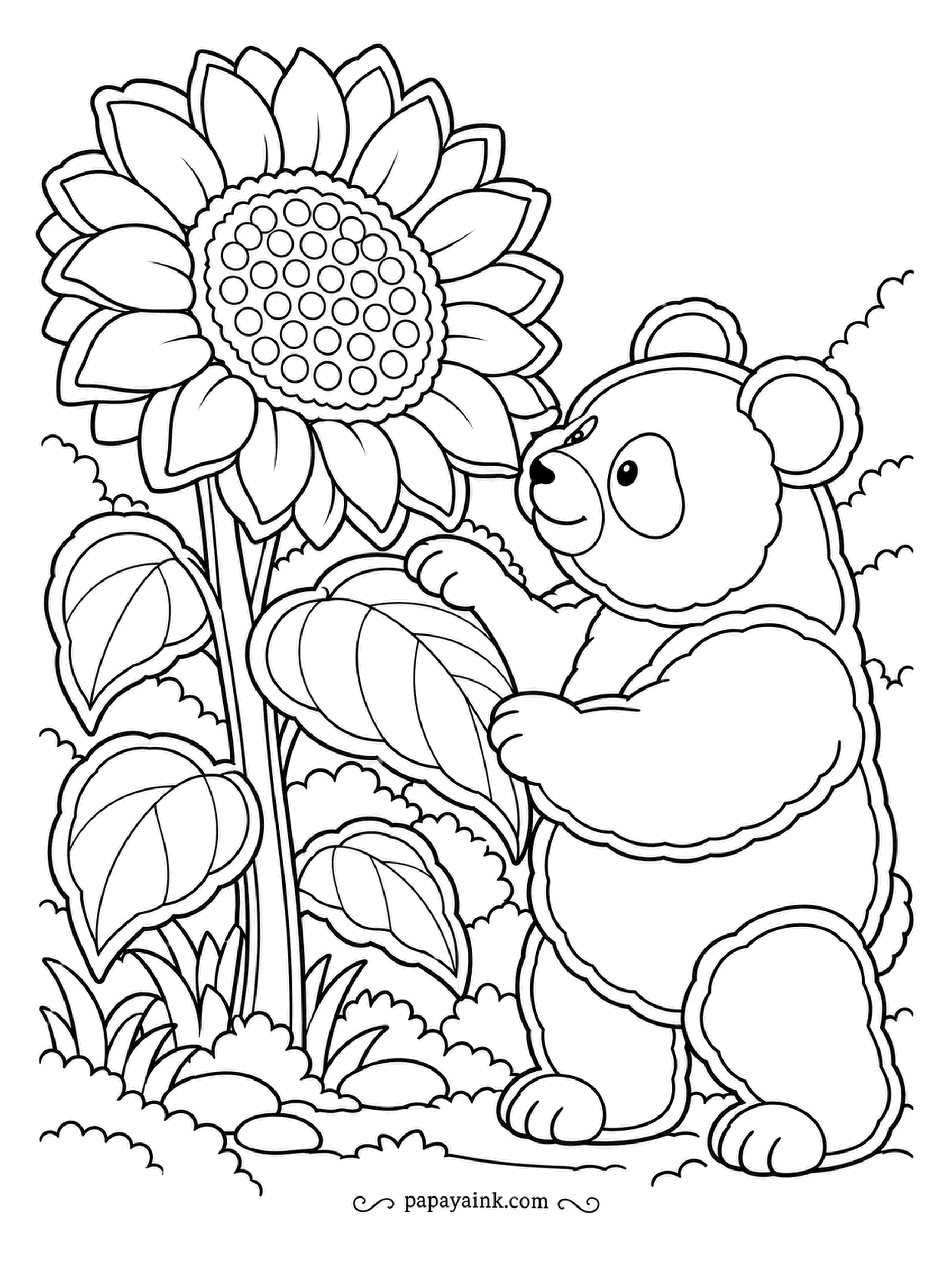 Panda Coloring Pages - A sunflower taller than the panda, and a nose pressed into the petals. Every shape has a doubled paper-cut edge, as if assembled from layers of card. Give the inner layer a deeper tone for depth.