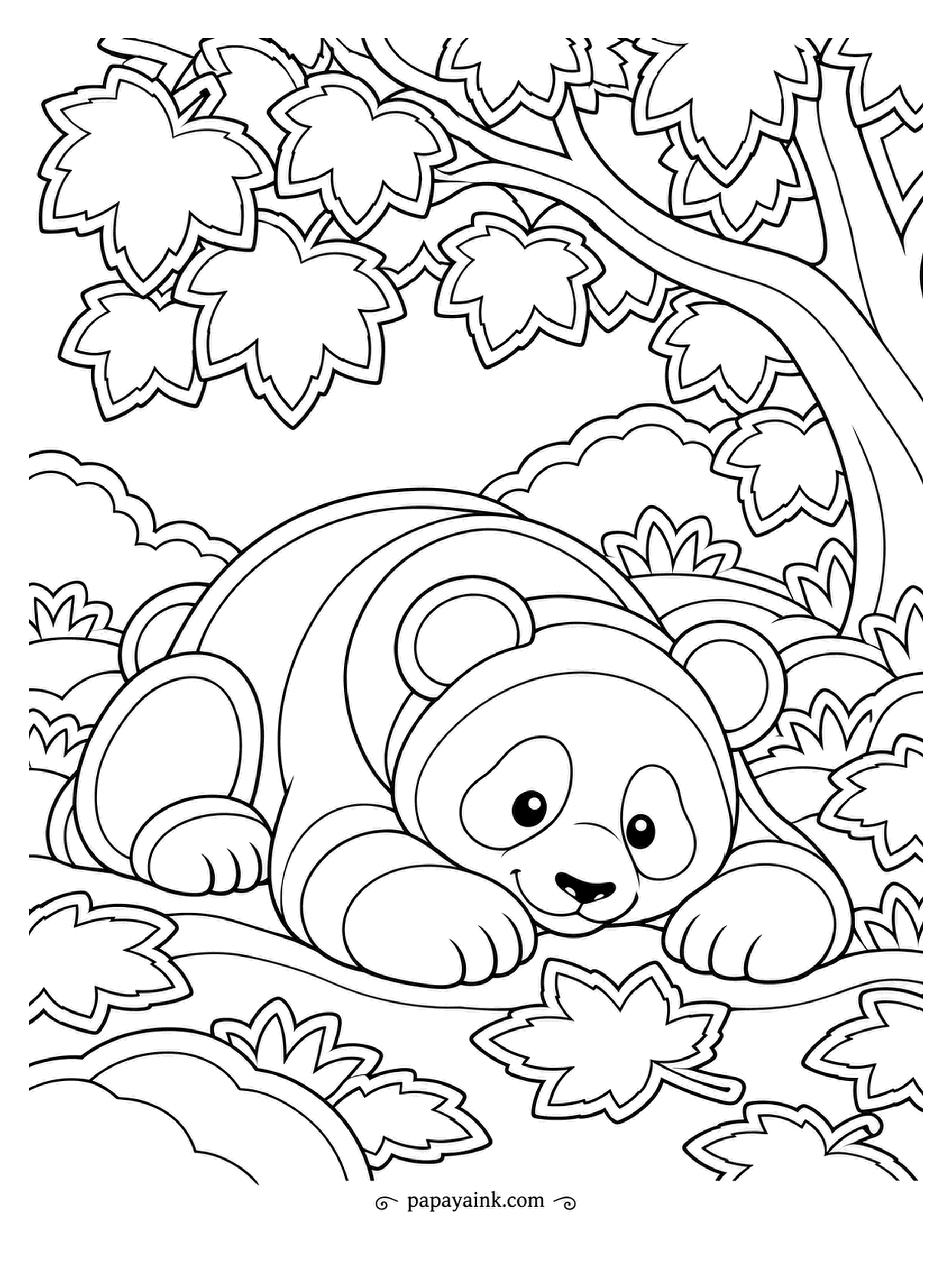 Panda Coloring Pages - A lazy afternoon under the maple tree. The panda stretches out on the ground with its chin on its paws while a few leaves drift past. Doubled paper-cut outlines - color the inner edge darker for depth.