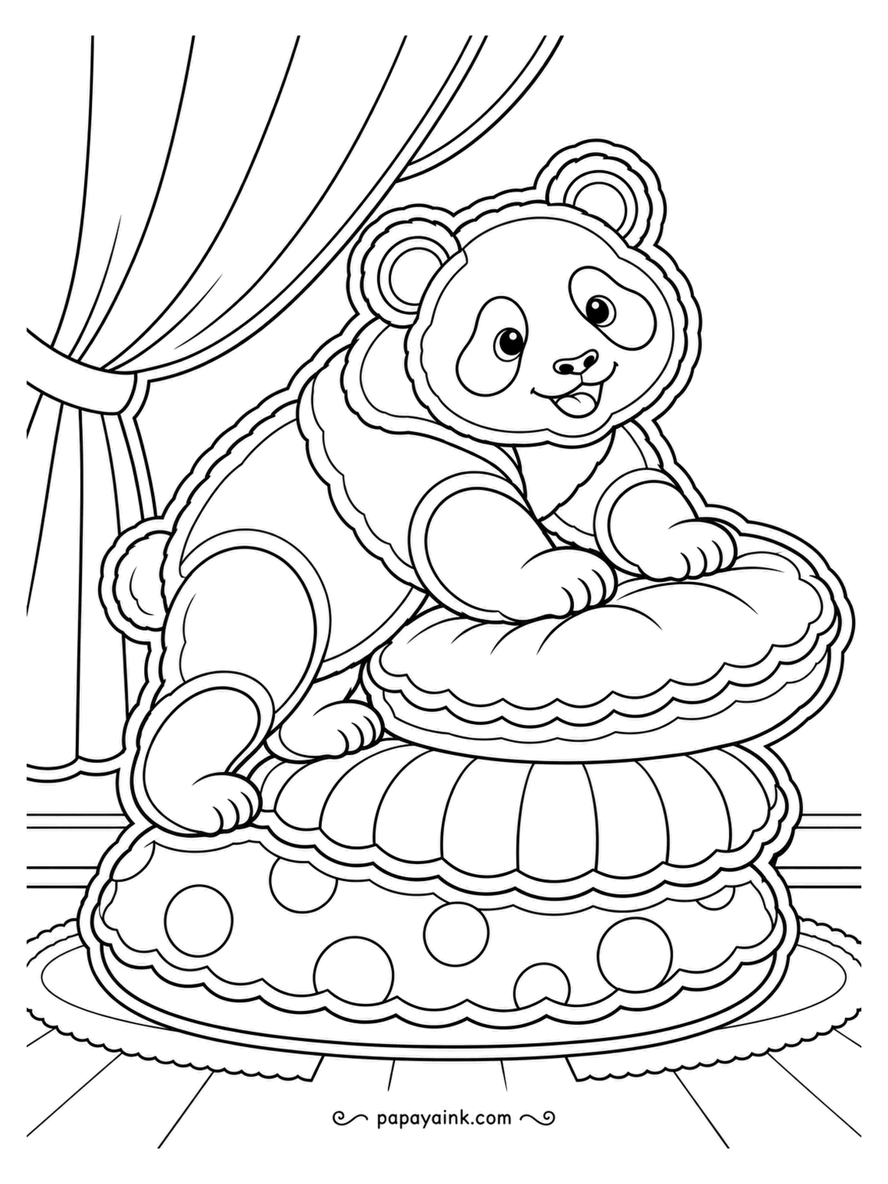 Panda Coloring Pages - Two plump cushions stacked into a hill, and a panda climbing to the top. The curtain is pulled back for the occasion. Layered paper-cut edges and a polka-dot pouf - cheerful and easy.