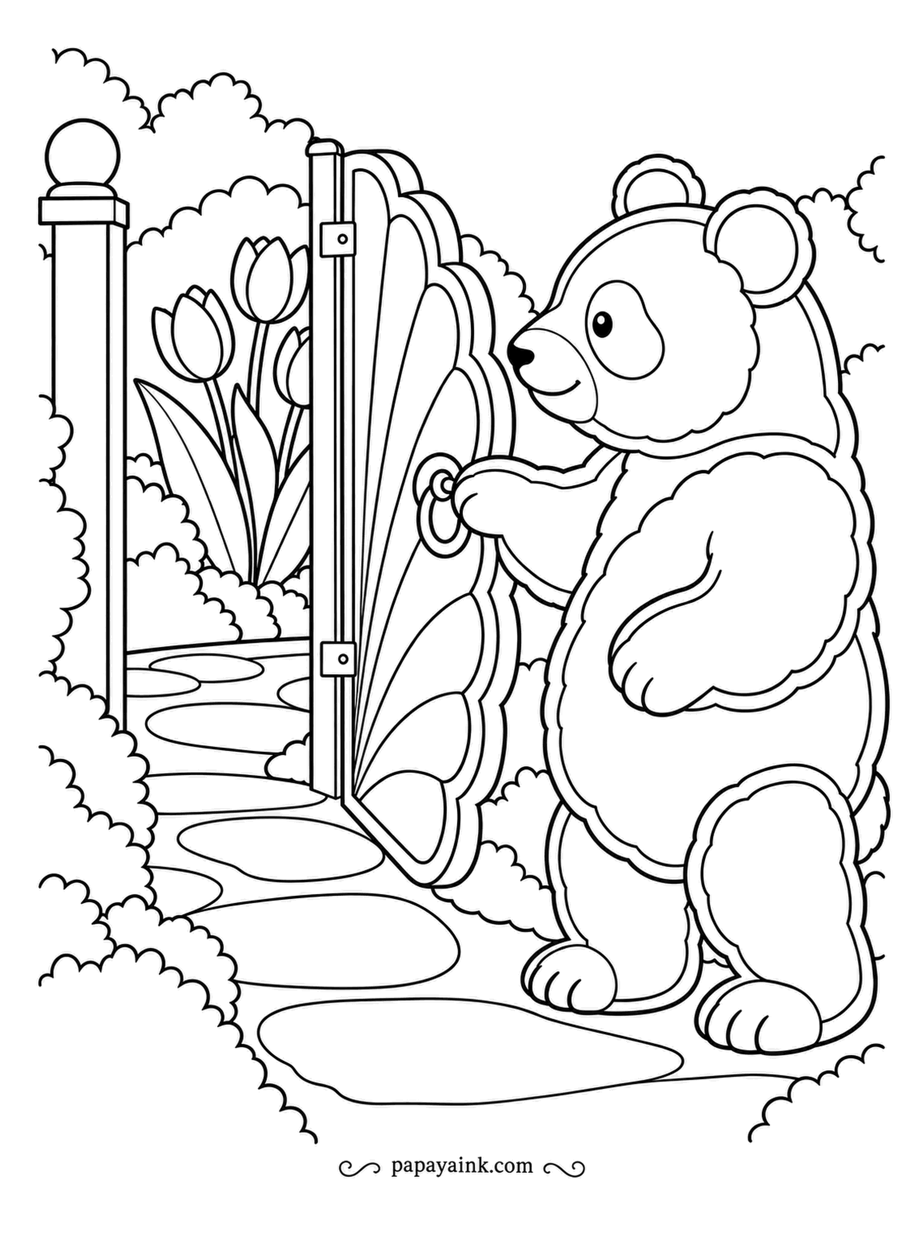 Panda Coloring Pages - A garden gate shaped like a scallop shell swings open onto a stepping-stone path lined with tulips. The panda holds the ring handle and peeks through first. Layered paper-cut outlines, easy shapes.