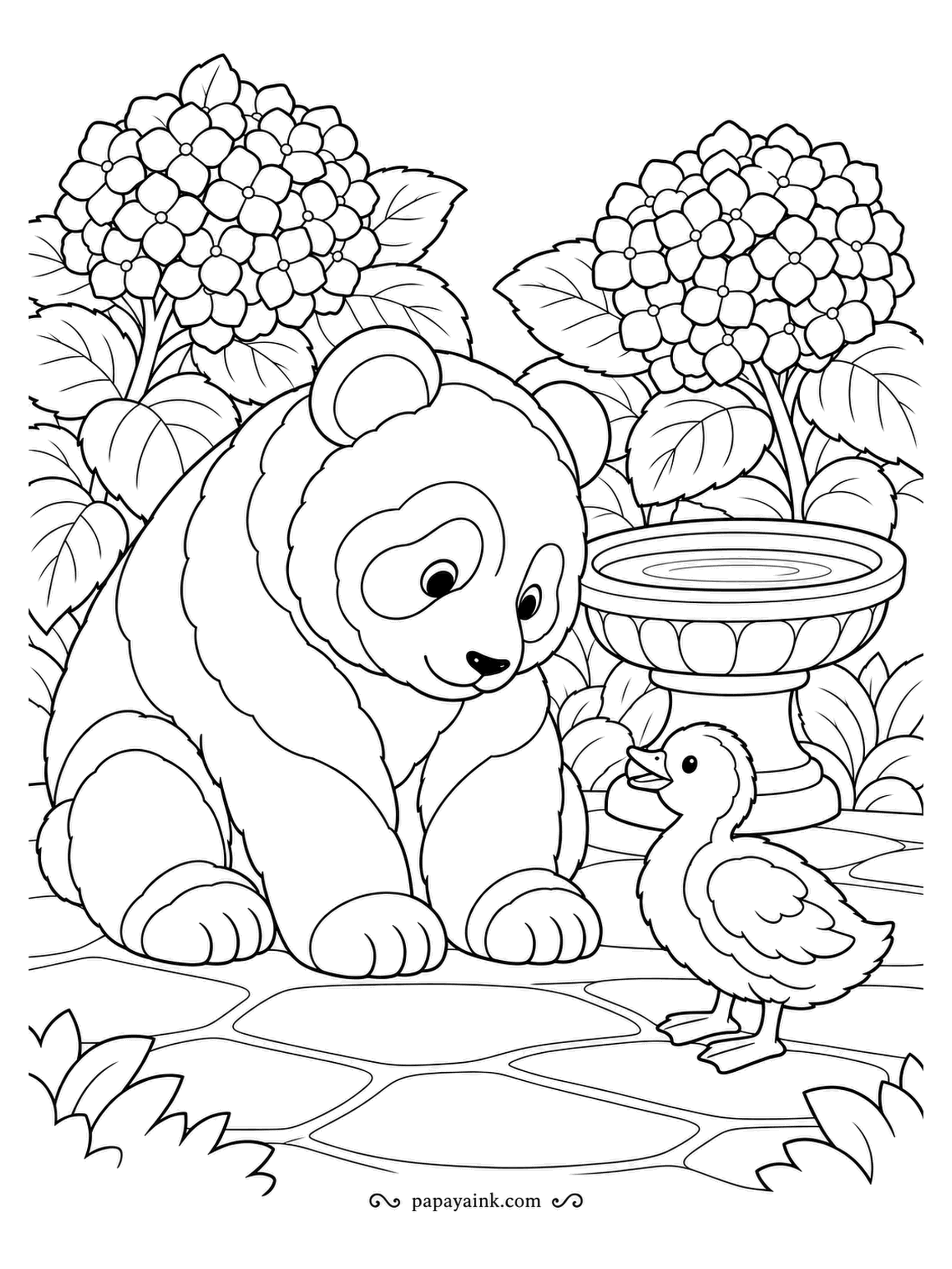 Panda Coloring Pages - A duckling waddles up to the birdbath, and the panda bends low to say hello. Hydrangeas in full bloom frame the scene. Layered outlines and paving stones - color the blossoms in soft blues and pinks.
