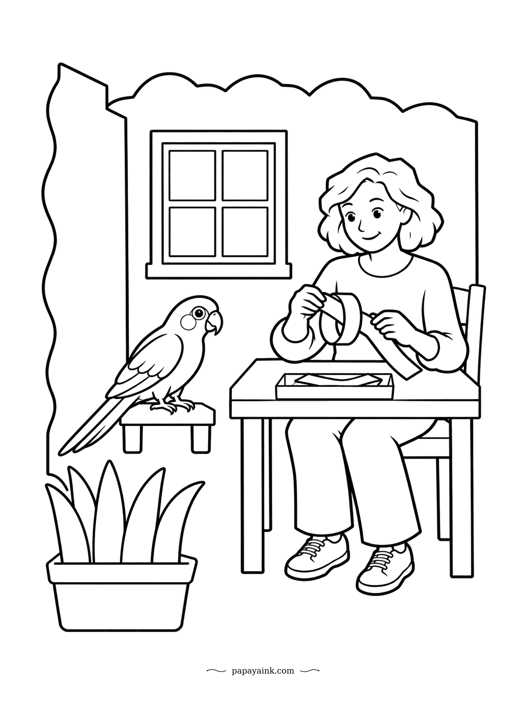 Parrot Coloring Pages - Link by link, the paper chain grows. The woman fastens the next loop while the conure on its perch leans closer to see how it is done. Smooth, generous outlines, gentle for small hands.