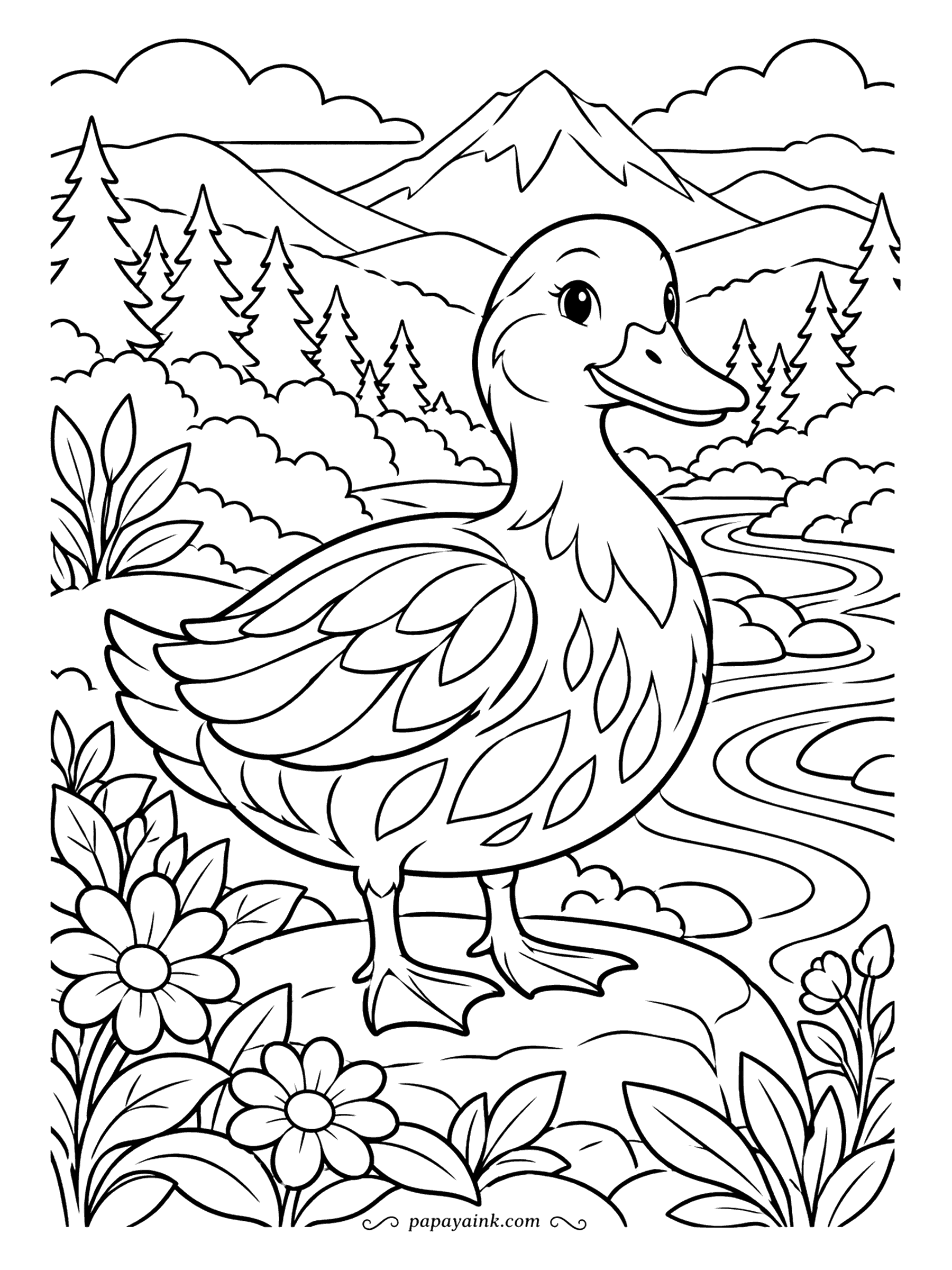 Duck Coloring Pages - Layered hills, pine trees and a snow-capped peak stack behind a duck patterned with leaf-shaped feathers, all in the style of cut paper. Color each layer a slightly different shade to keep the depth.